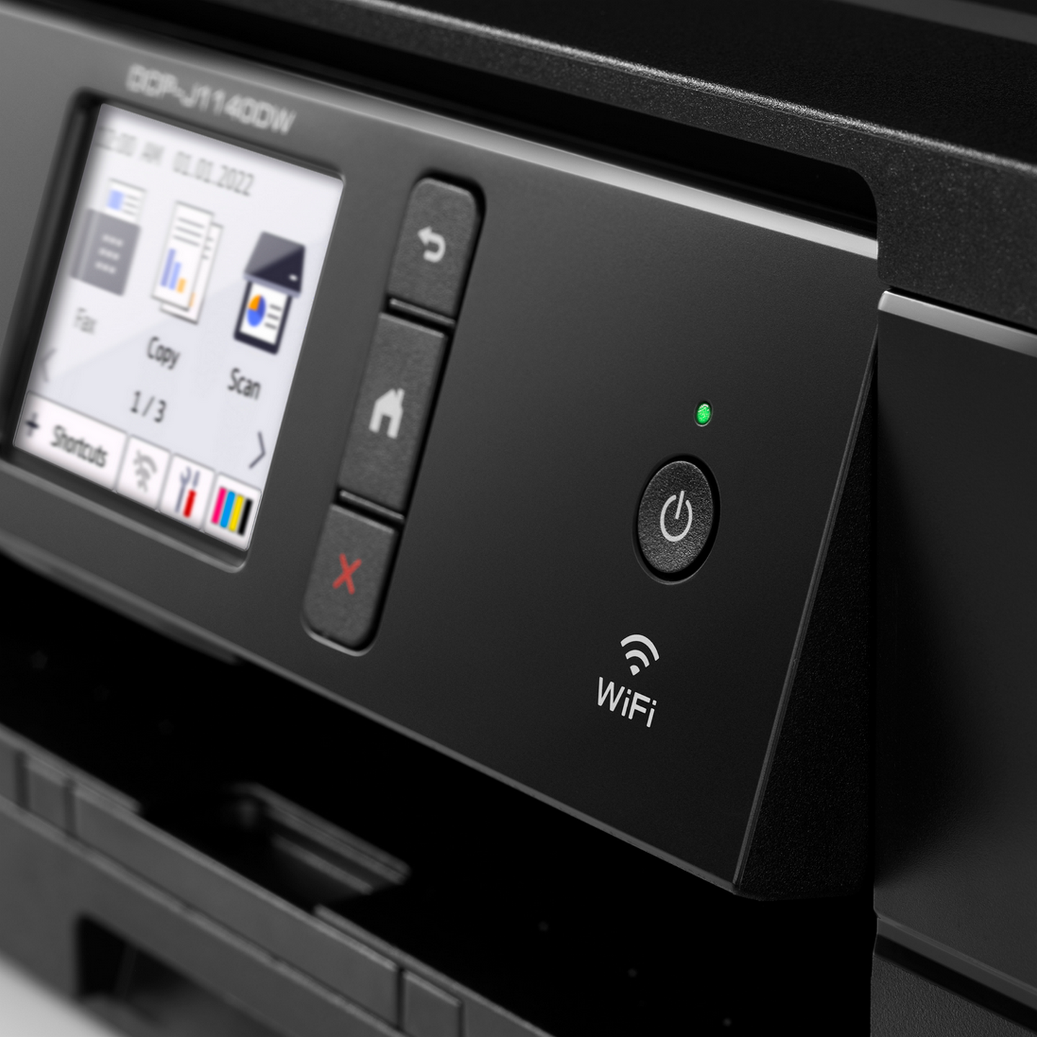Czarny panel sterowania drukarki z ekranem, przyciskami i symbolem Wi-Fi. Ekran wyświetla menu.