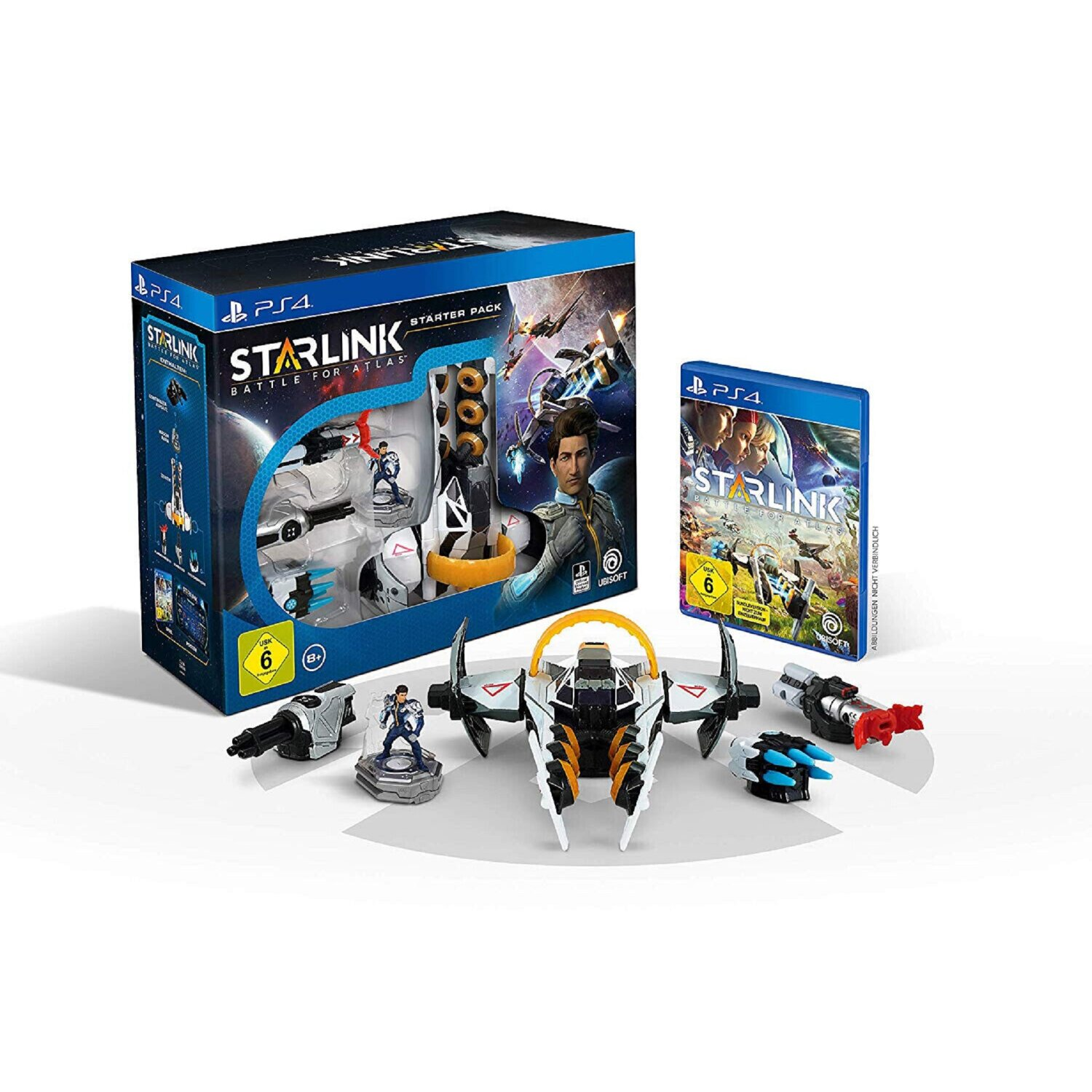 Ein Starlink-Spielset mit Figuren, Spielbox und Spiel-Disc auf weißem Hintergrund.