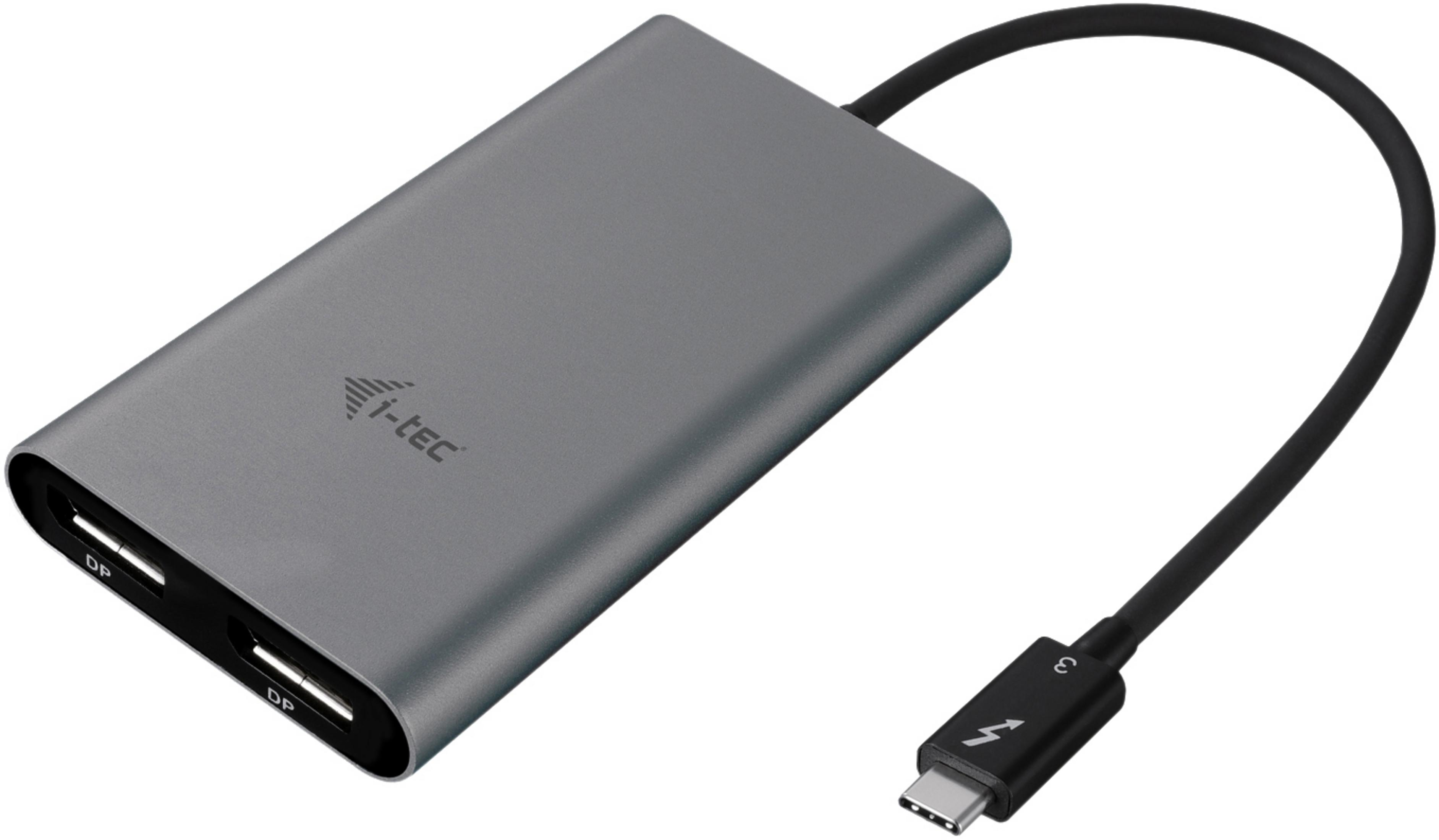 Graue Dockingstation mit Kabel. Es hat USB- und DP-Anschlüsse. Text: i-tec.