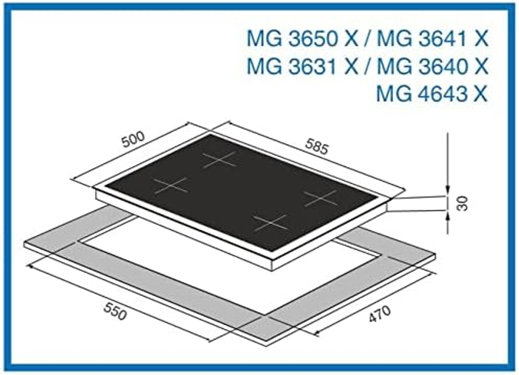 Un disegno tecnico che mostra le dimensioni di un piano cottura a induzione con quattro zone cottura.