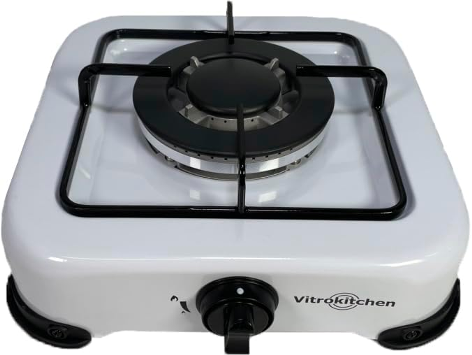 Una estufa de gas Vitrokitchen blanca de un quemador sobre una superficie blanca, borde negro.