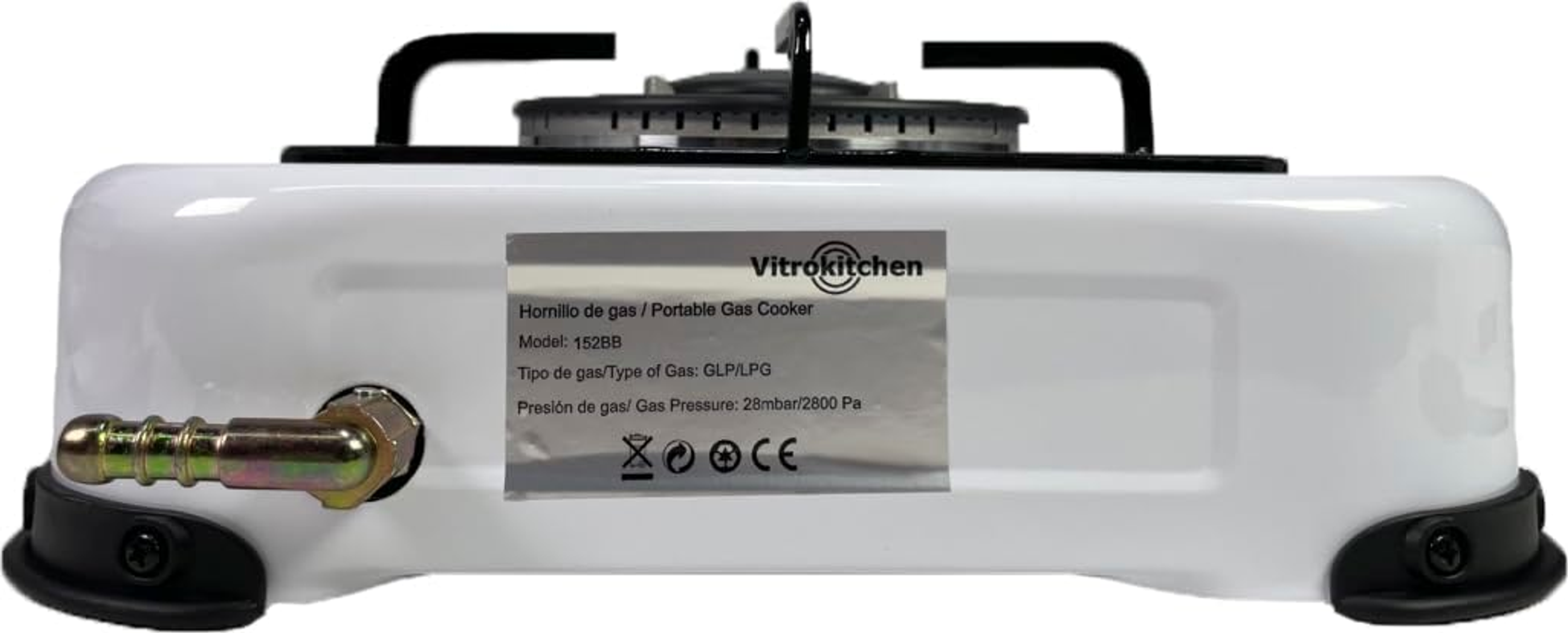 Una cocina de gas portátil Vitrokitchen blanca con conexión de línea de combustible.