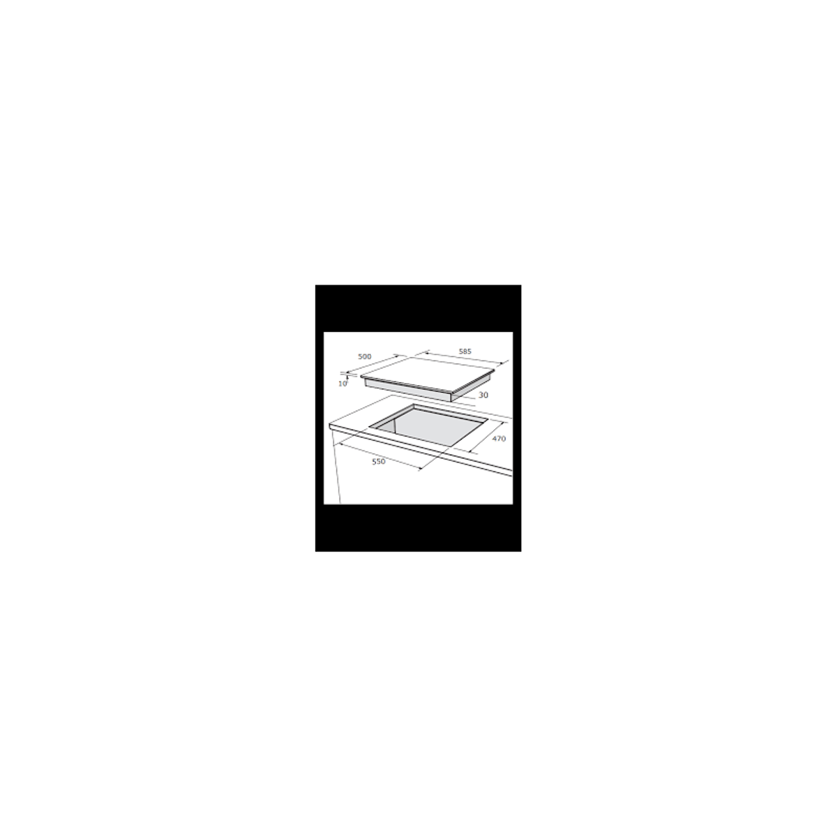 Disegno tecnico di un piano cottura con dimensioni in millimetri. Sfondo bianco.