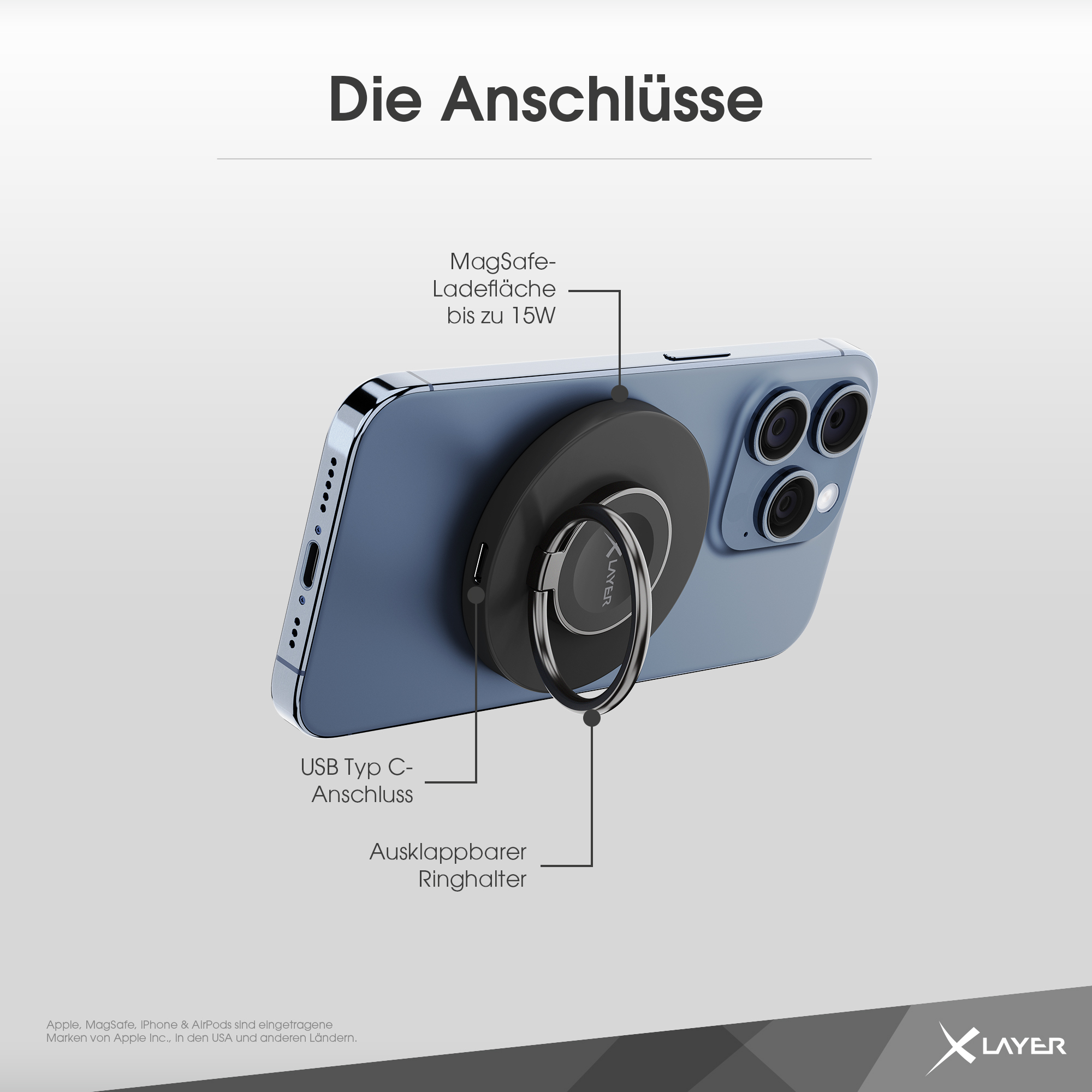 Ein blaues Telefon mit einem schwarzen Ringhalter. Das Bild enthält deutschen Text.