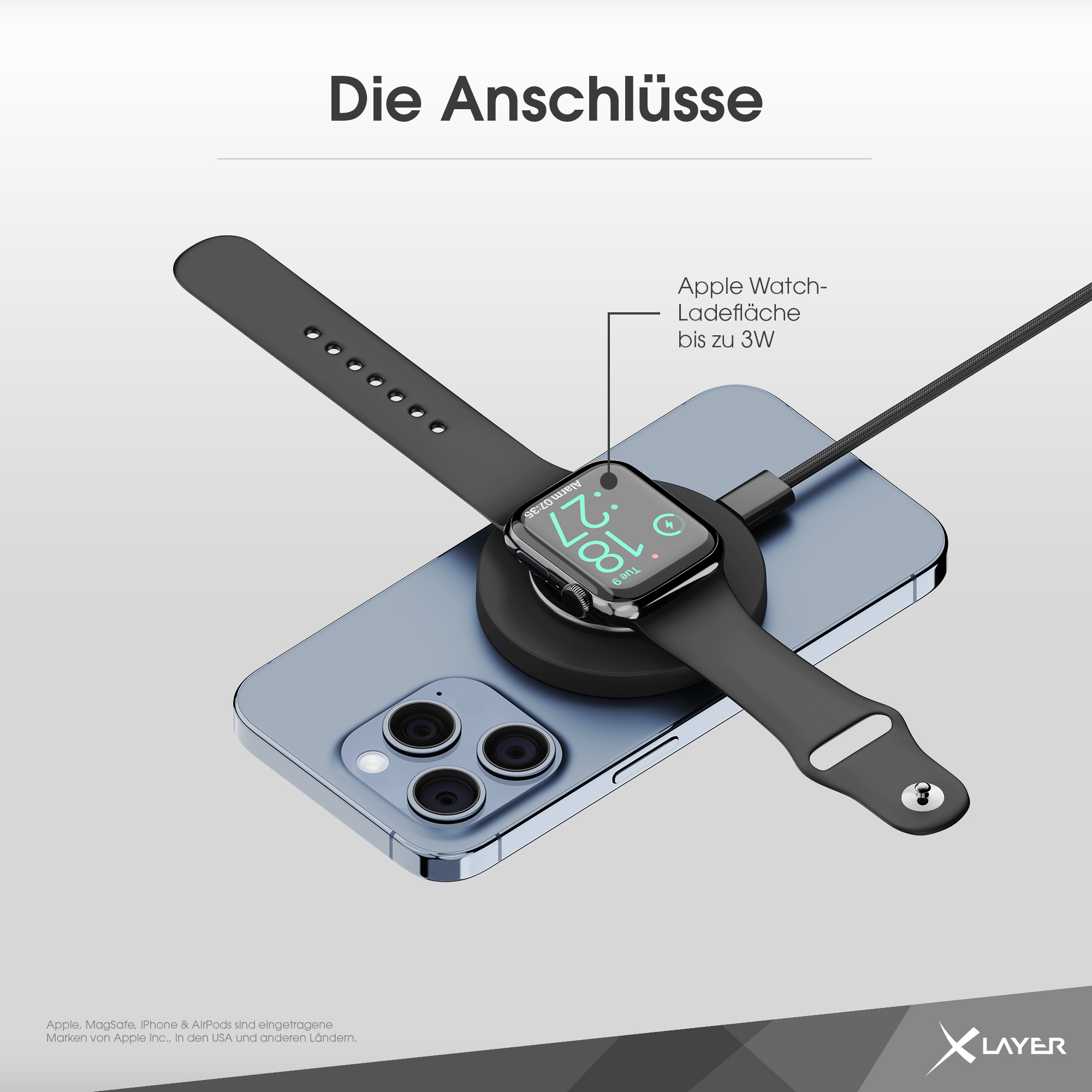 Apple Watch wird auf einem Telefon geladen, wobei das Zifferblatt und eine schwarze Ladescheibe angezeigt werden.