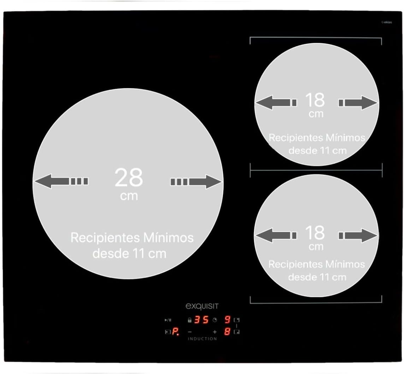 Placa de inducción negra con tres zonas de cocción. Se muestran dimensiones y tamaños mínimos de recipientes.