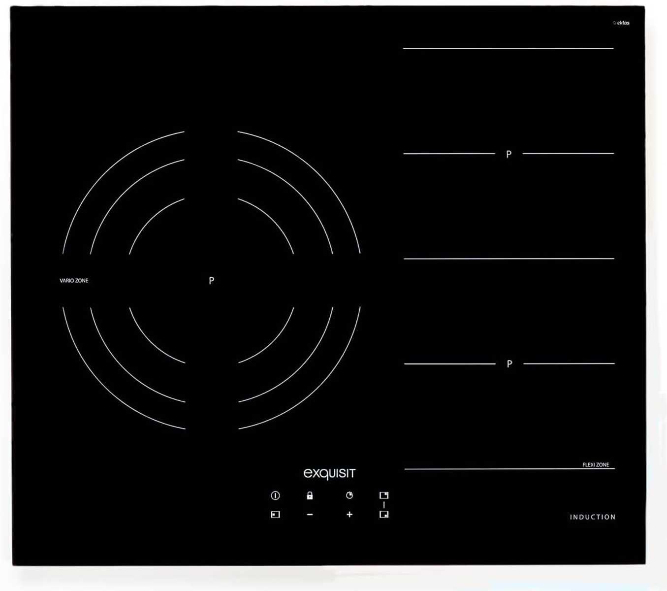 Placa de inducción negra con panel táctil y zona flexible. Líneas blancas indican zonas de cocción.
