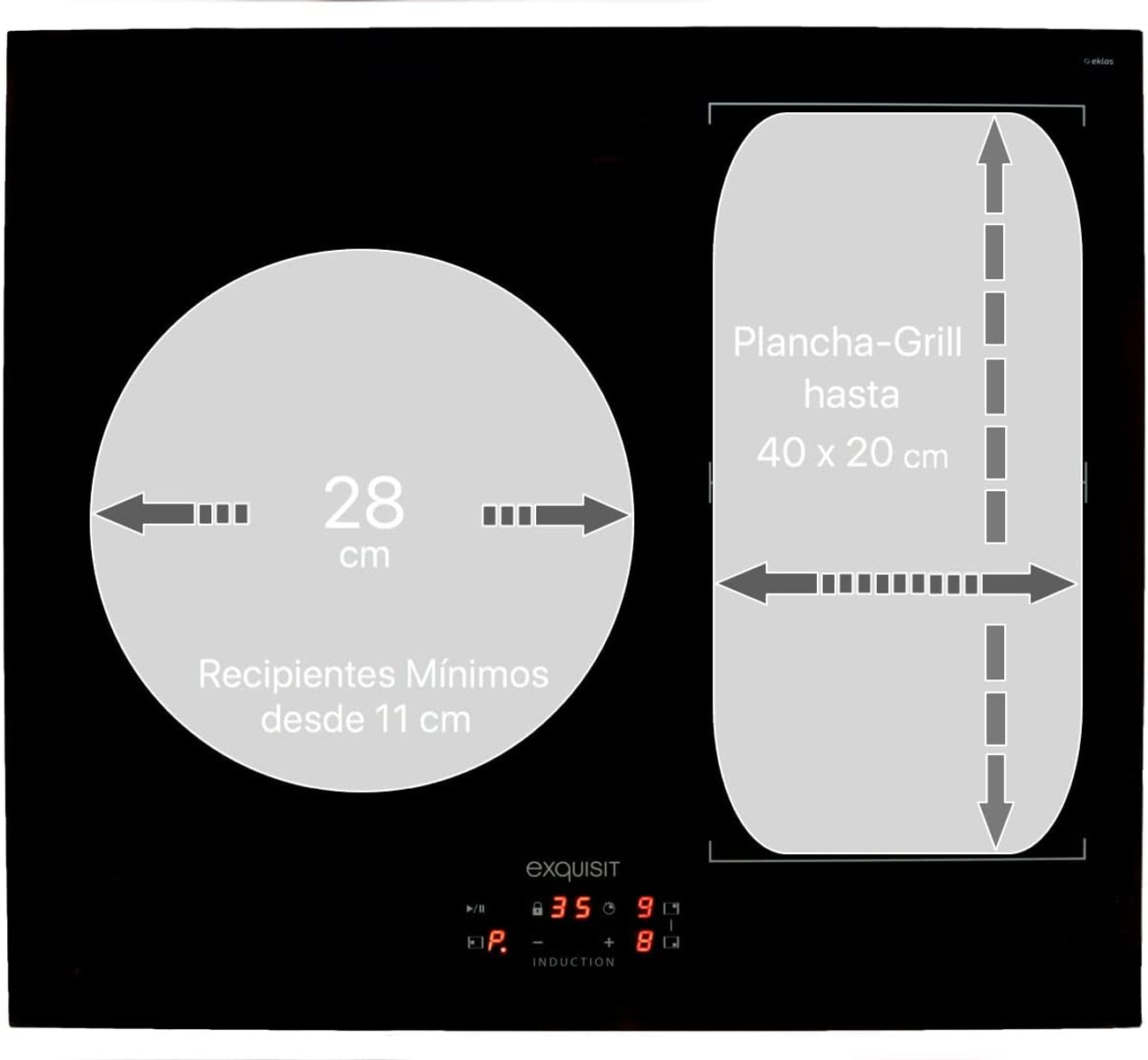 Placa de inducción negra con dos zonas de cocción. Tiene un panel táctil.