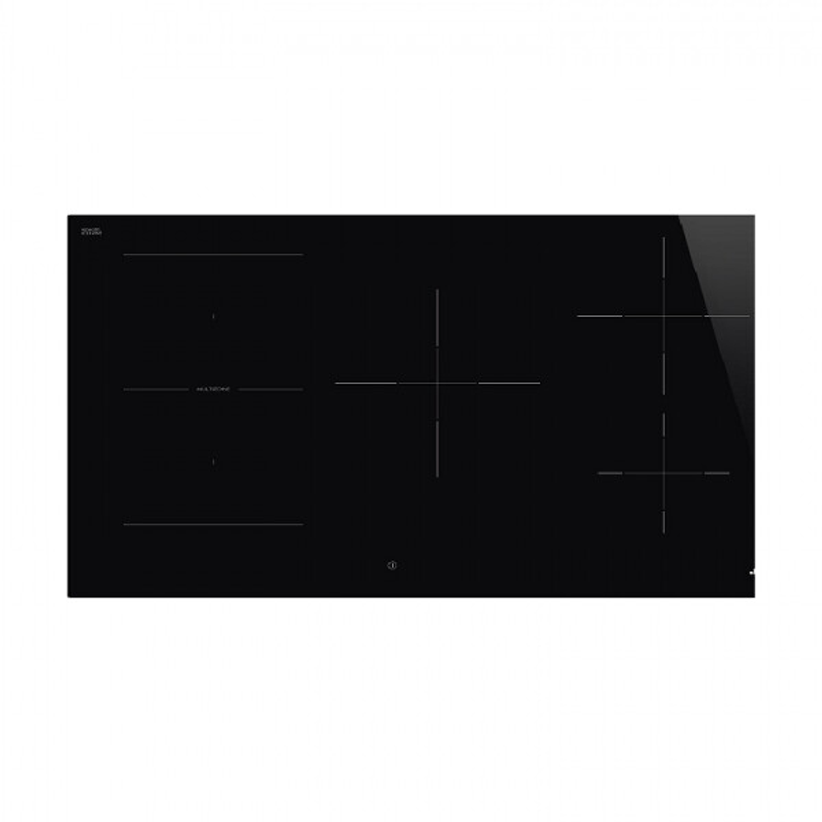 Un piano cottura a induzione nero con comandi touch e tre zone di cottura, design elegante e moderno.