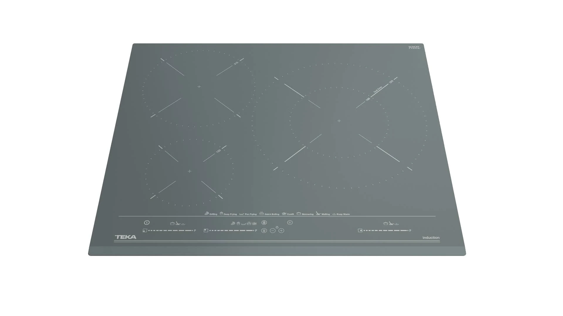 Szara płyta indukcyjna z czterema strefami gotowania. Widoczne elementy sterujące. Białe tło.