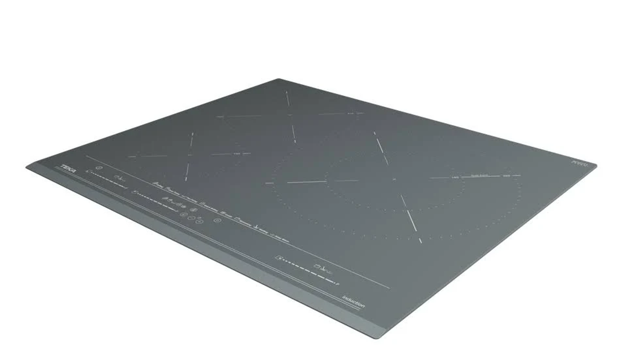 Płyta indukcyjna na białym tle. Płyta jest ciemnoszara z białymi oznaczeniami.