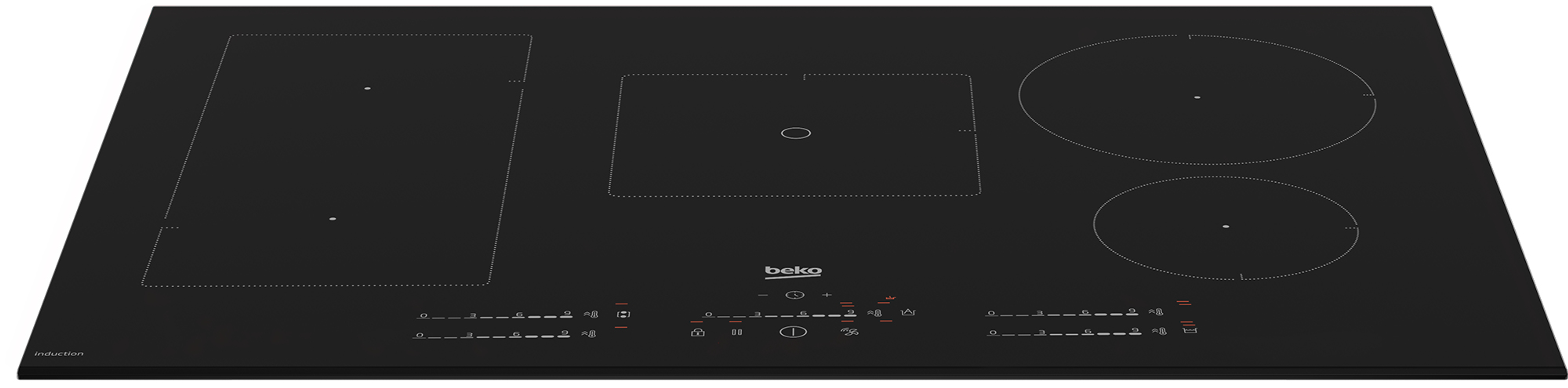 Placa de inducción negra con cuatro quemadores y panel de control abajo.