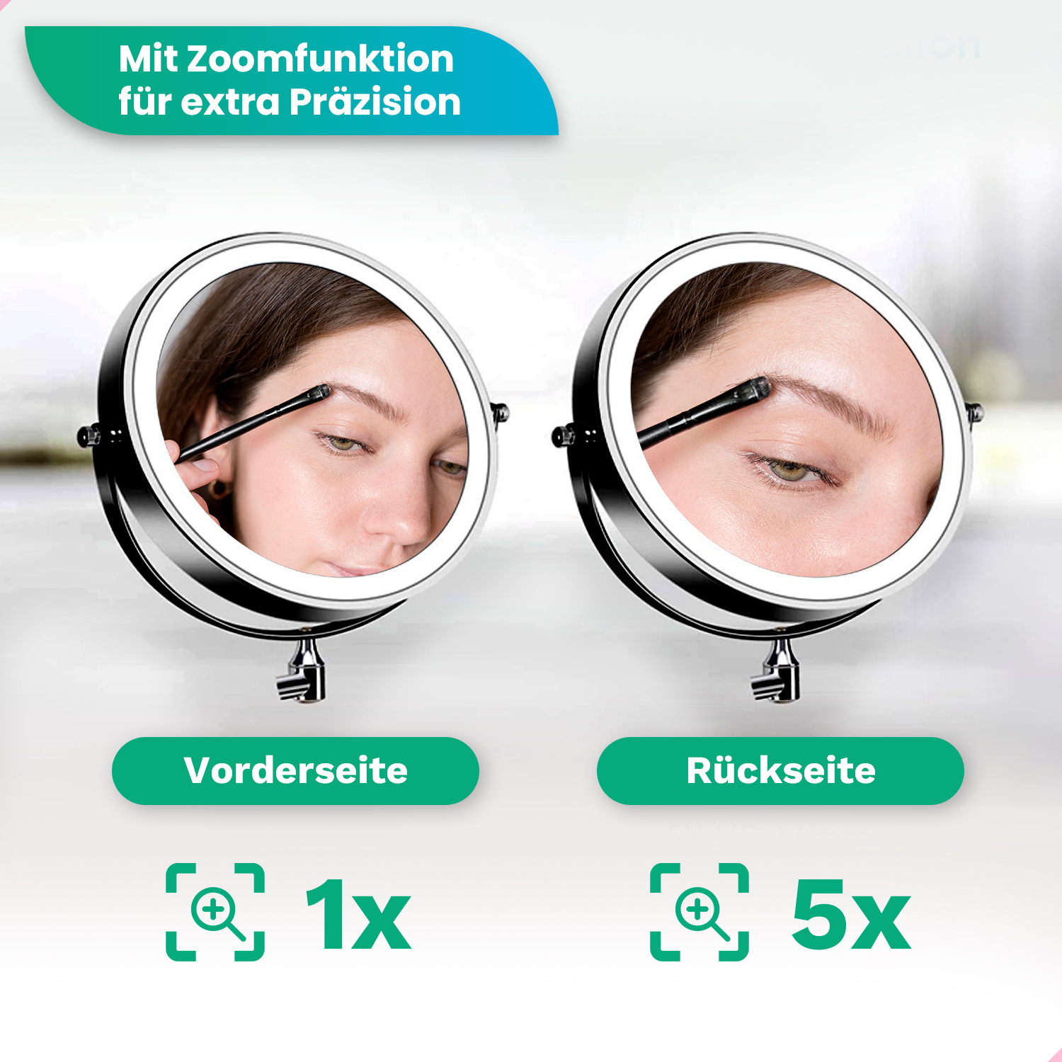 Two illuminated mirrors, one with 1x magnification and the other with 5x, with text in German.