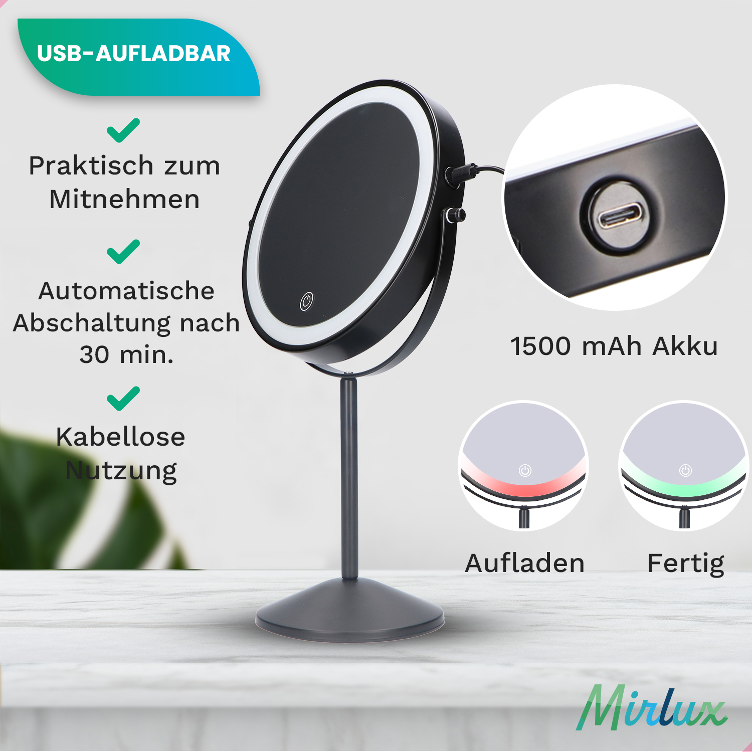 Zwarte verlichte spiegel. Touch control, USB opladen. Toont oplaad- en gereed-status.