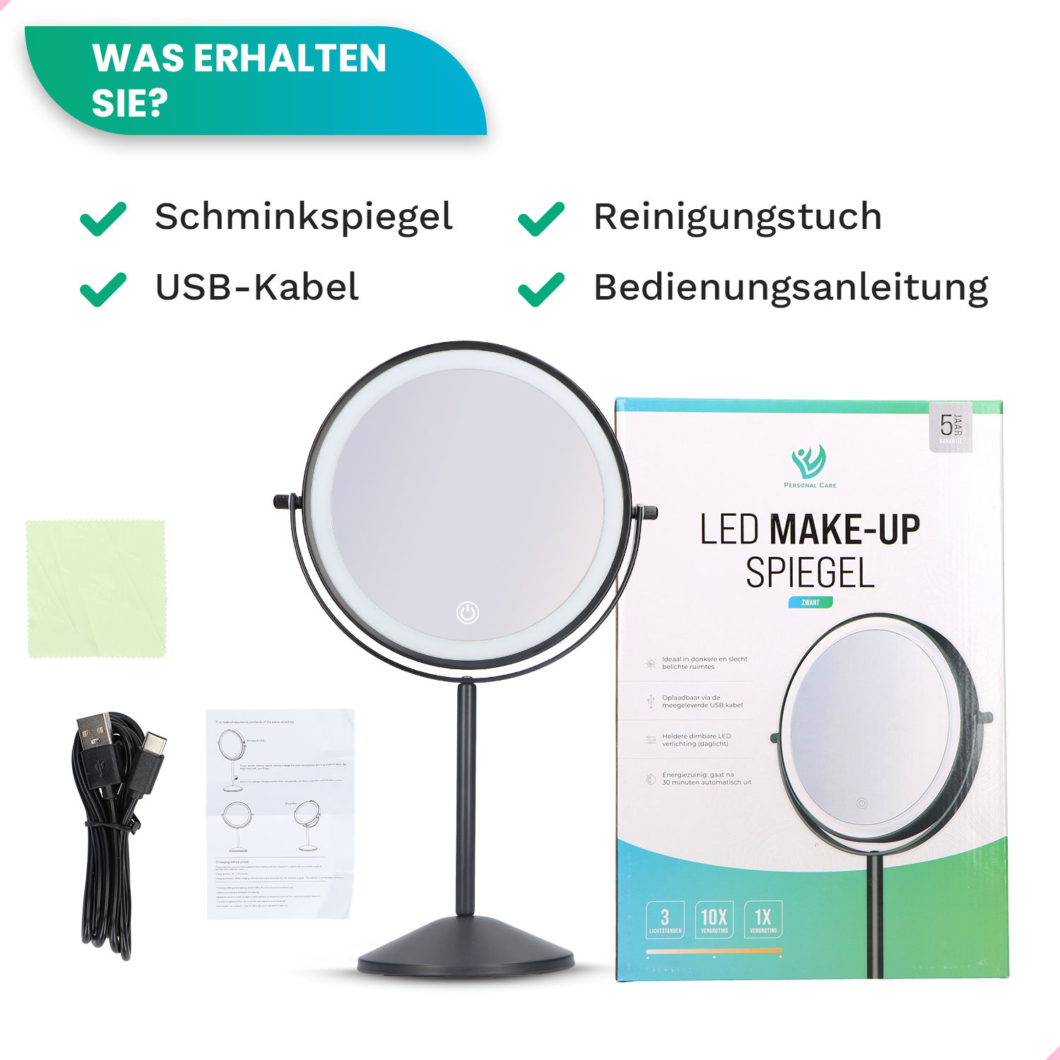 Een make-upspiegel, een schoonmaakdoekje, een USB-kabel en een handleiding op een wit oppervlak.