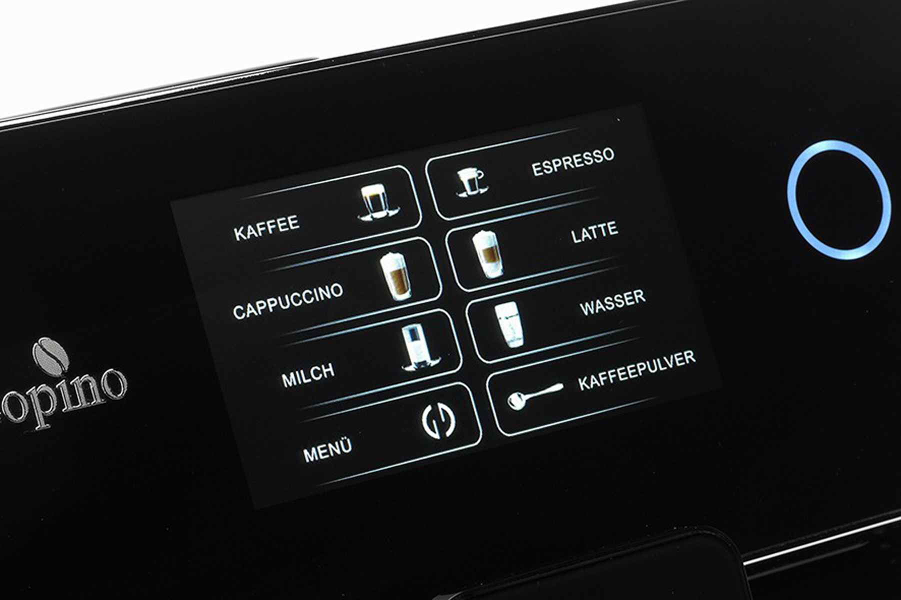 Ekran dotykowy ekspresu do kawy z opcjami różnych rodzajów kawy, w języku niemieckim.