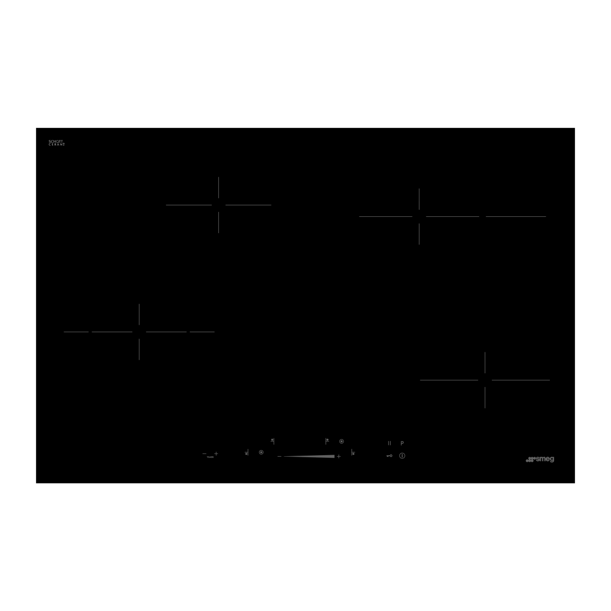 Piano cottura a induzione nero con quattro zone cottura e comandi touch. Logo Smeg visibile.