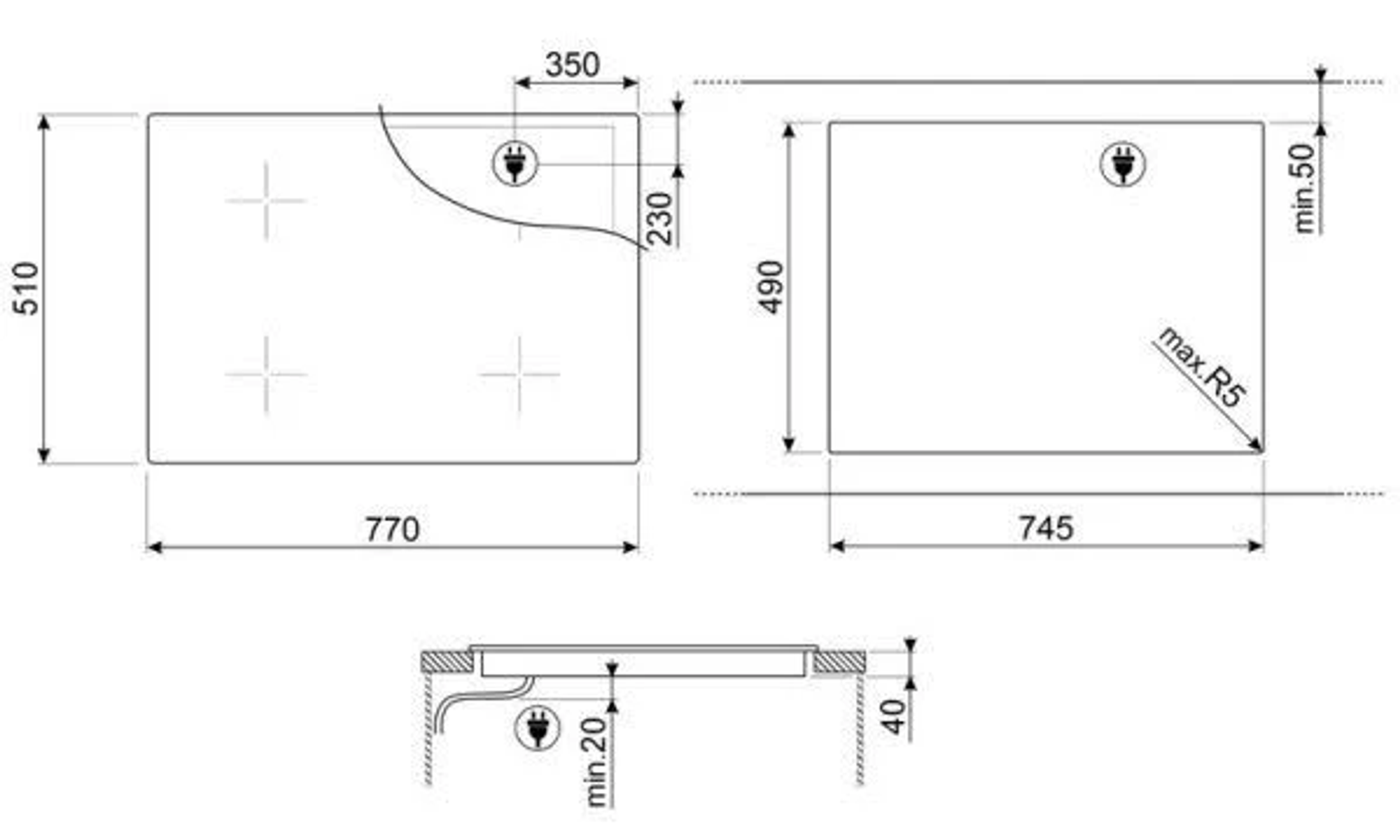 Disegno tecnico di un piano cottura con dimensioni.