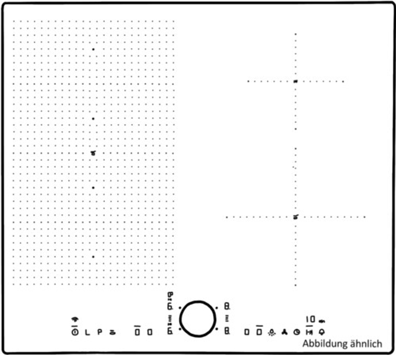 Diagramma di un piano cottura nero con zone punteggiate e quadranti, testo in basso.