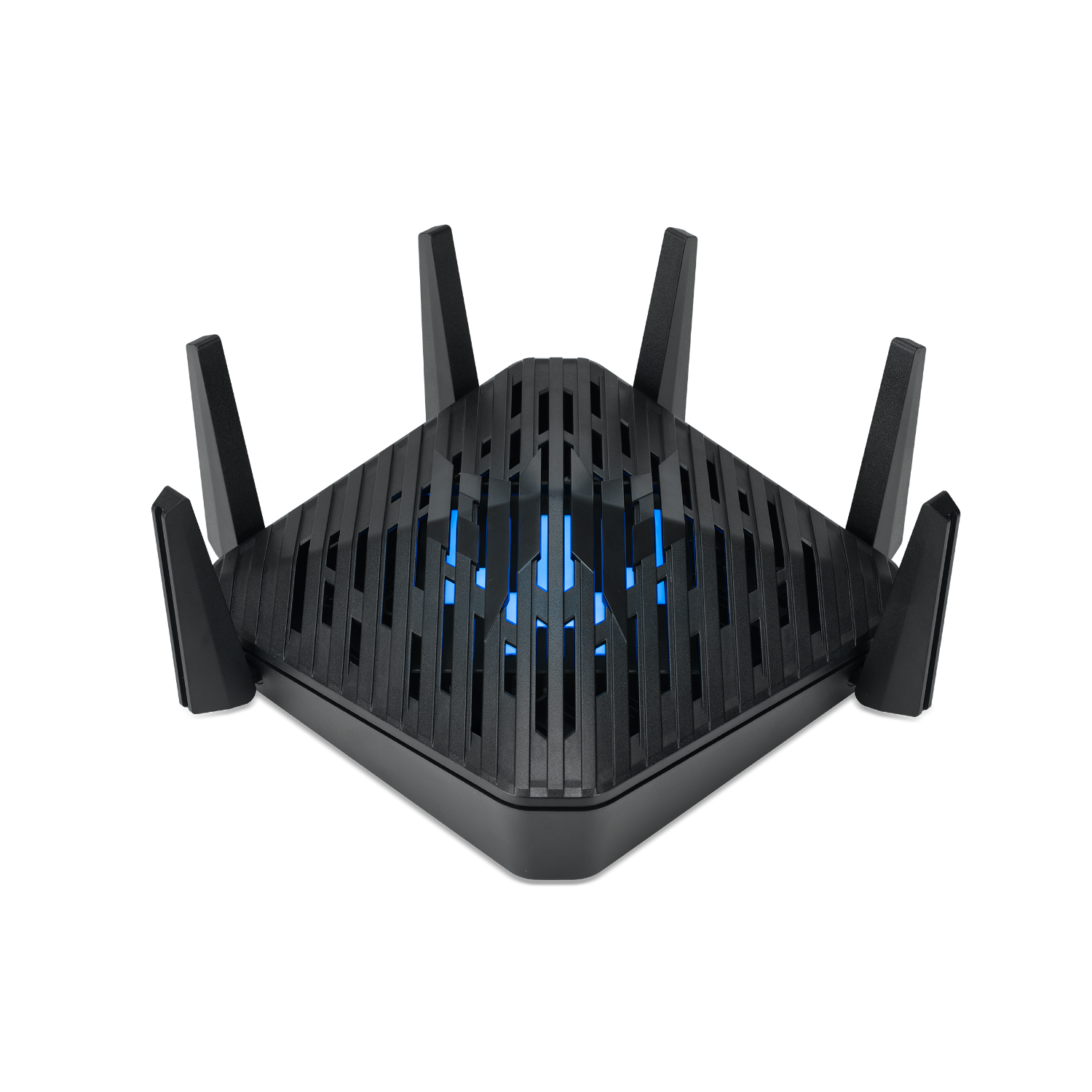 Czarny router z antenami, niebieskie światła widoczne w centralnych otworach.