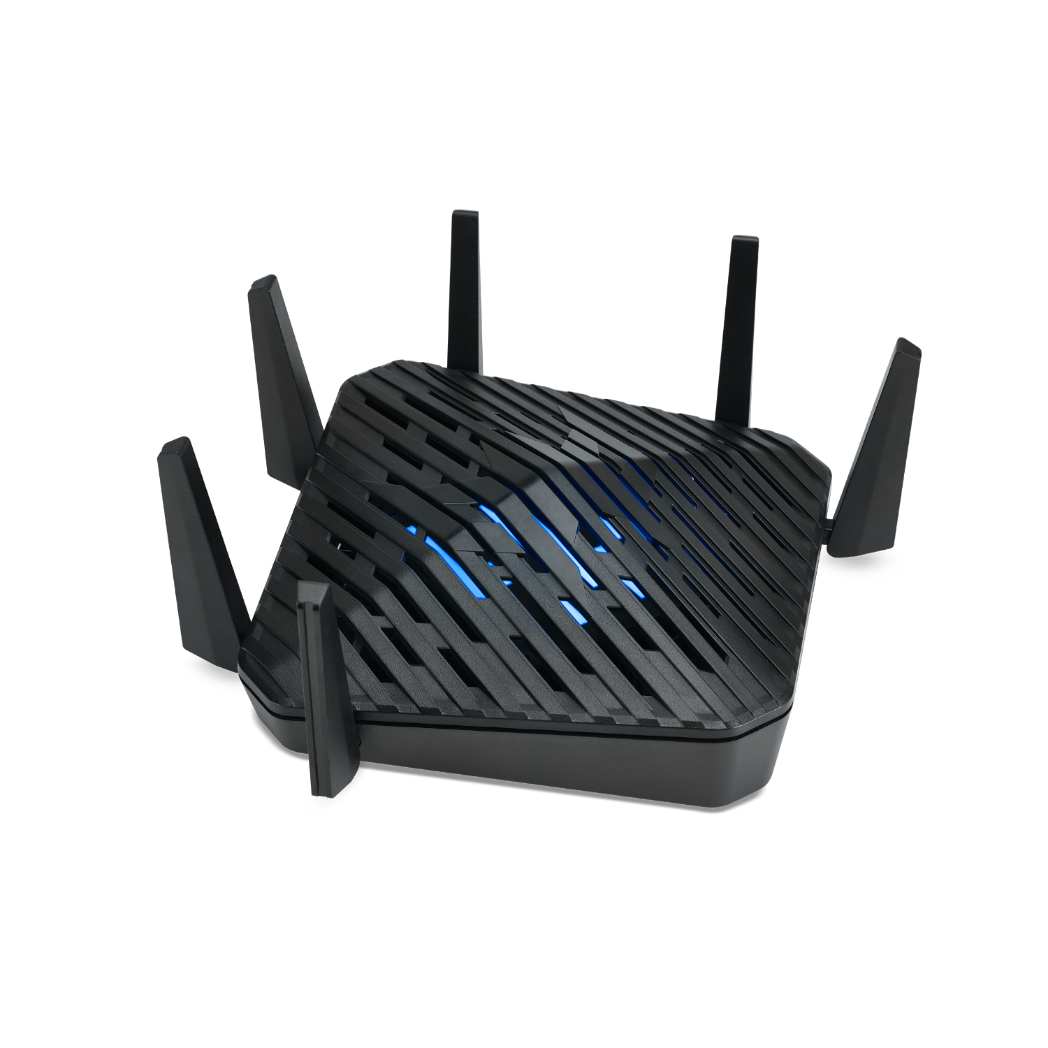 Czarny router z antenami. Router ma niebieskie światło w środku.