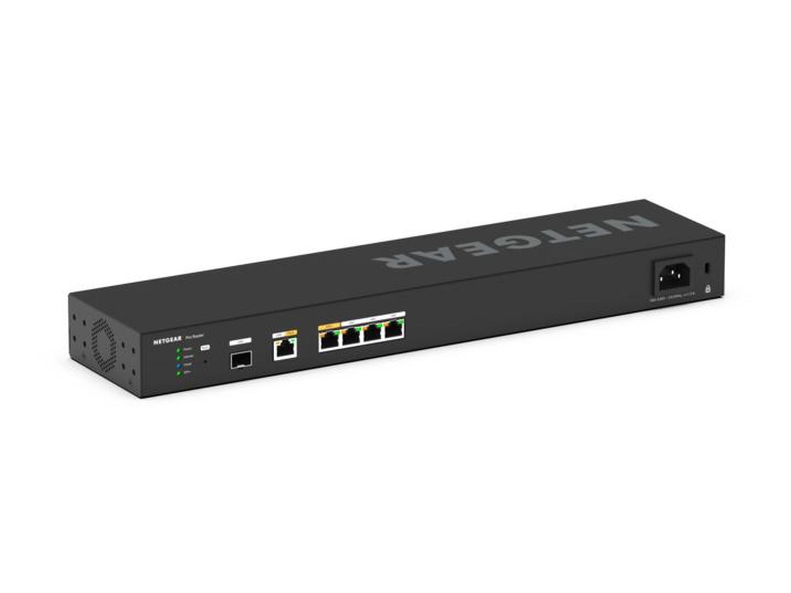 Ein schwarzer Netgear Pro Router. Es hat mehrere Anschlüsse und das Netgear-Logo.