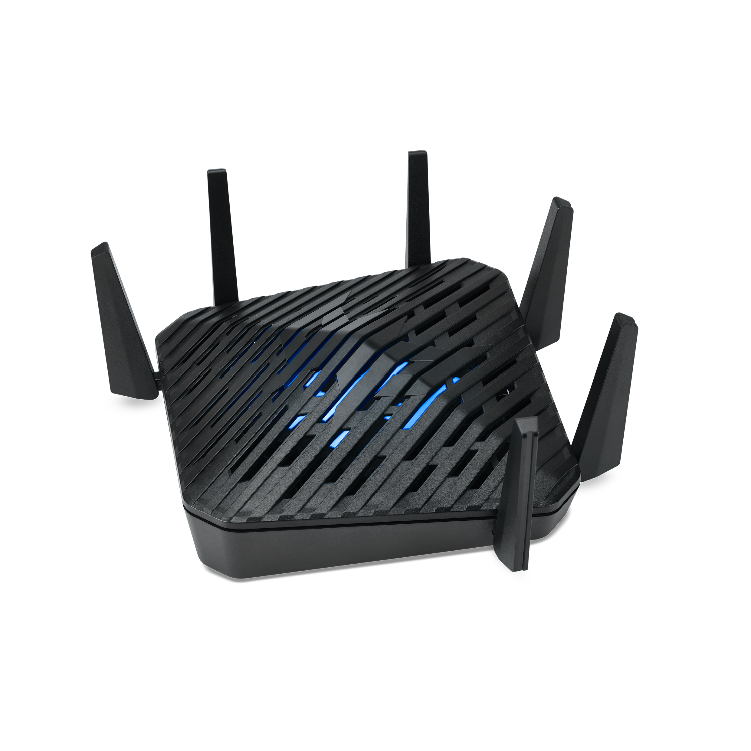 Czarny router z wieloma antenami, z niebieskim światłem emitowanym od góry.