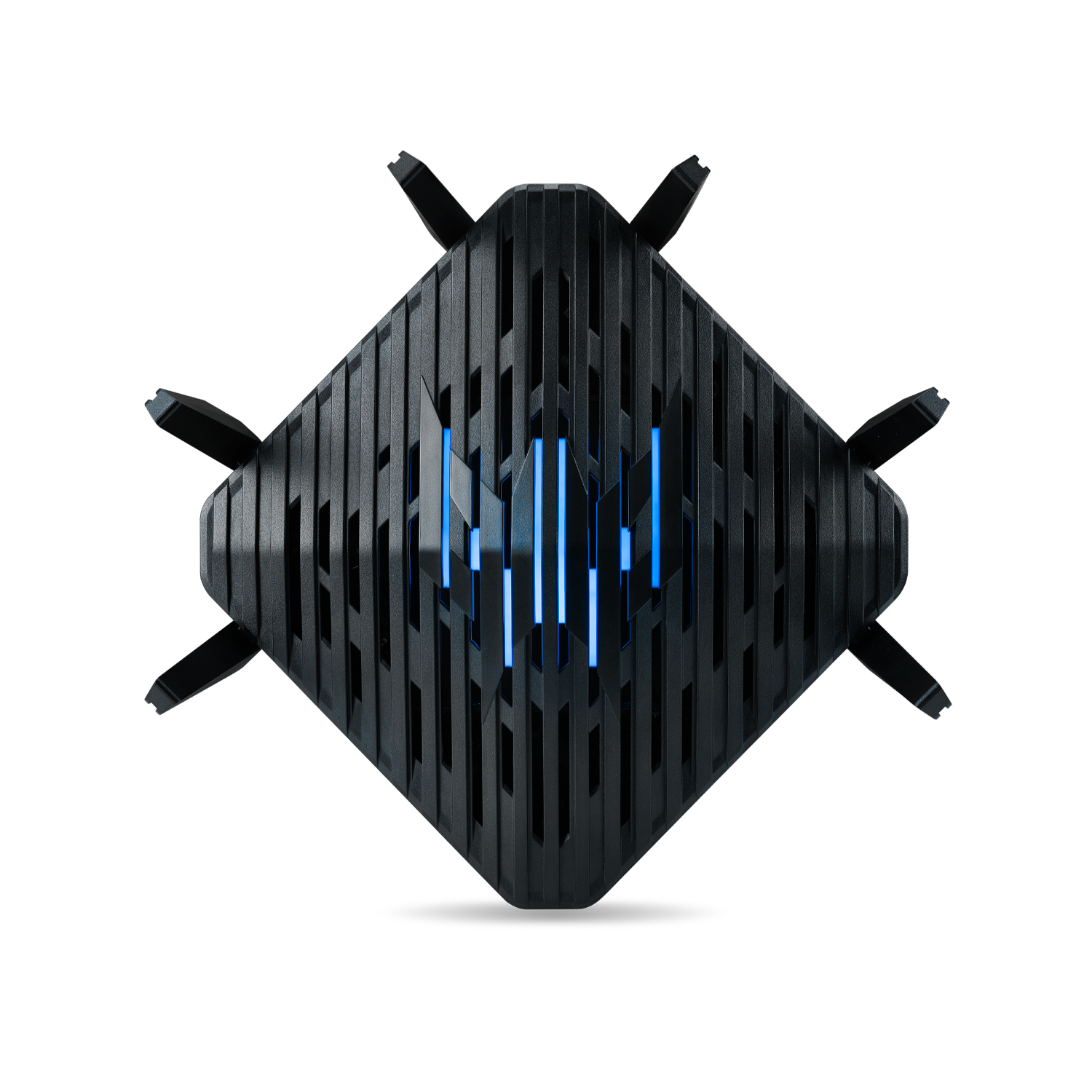 Czarne urządzenie w kształcie rombu z niebieskimi światłami. Ma siatkową konstrukcję z czterema wysuwanymi nogami.