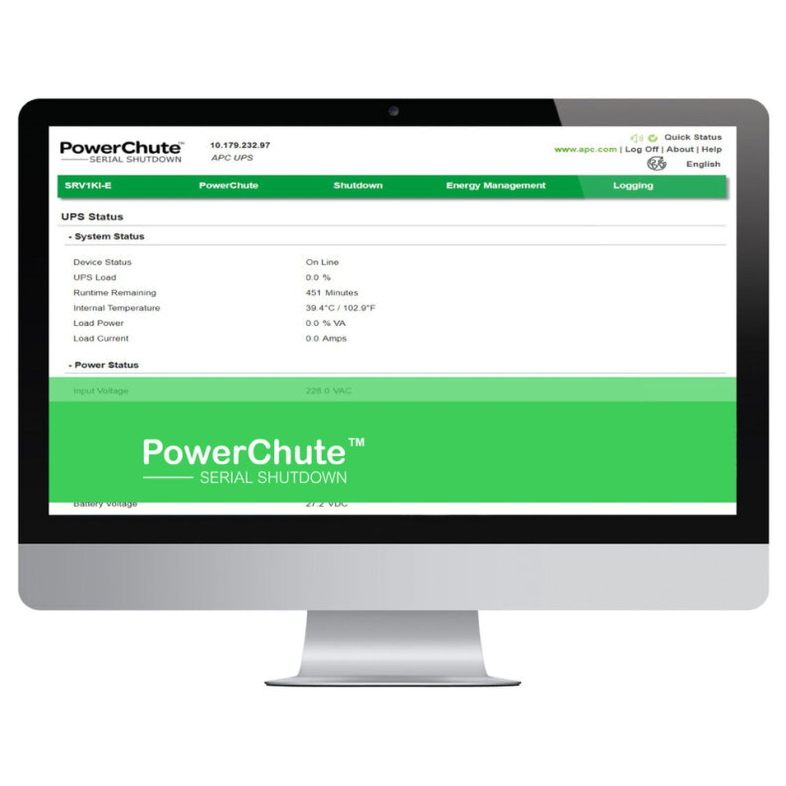 Computermonitor zeigt PowerChute-Softwareoberfläche. Zeigt den USV-Status mit verschiedenen Metriken.
