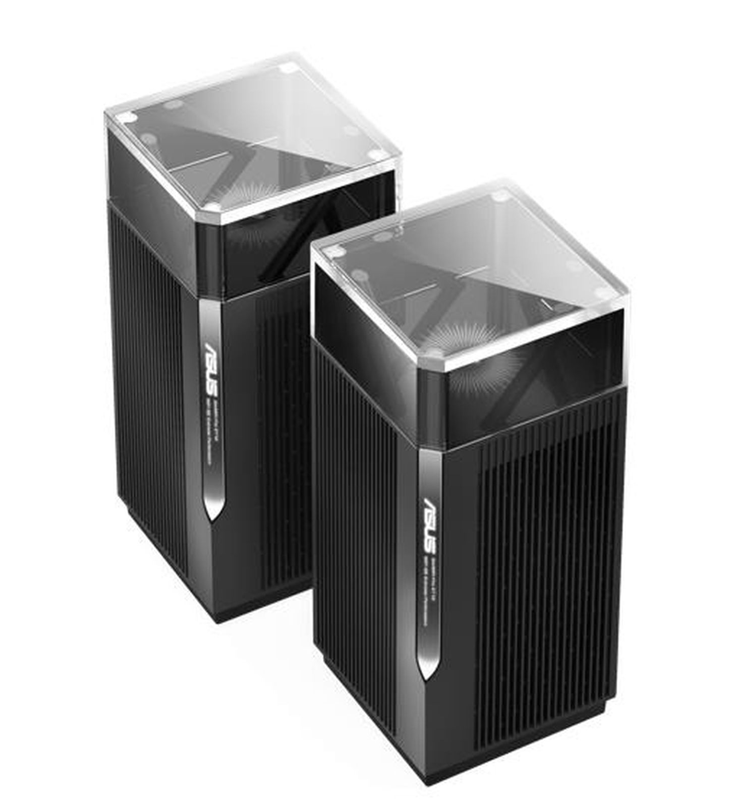 Zwei schwarze Router-Geräte mit transparenten Oberteilen, die nebeneinander stehen.