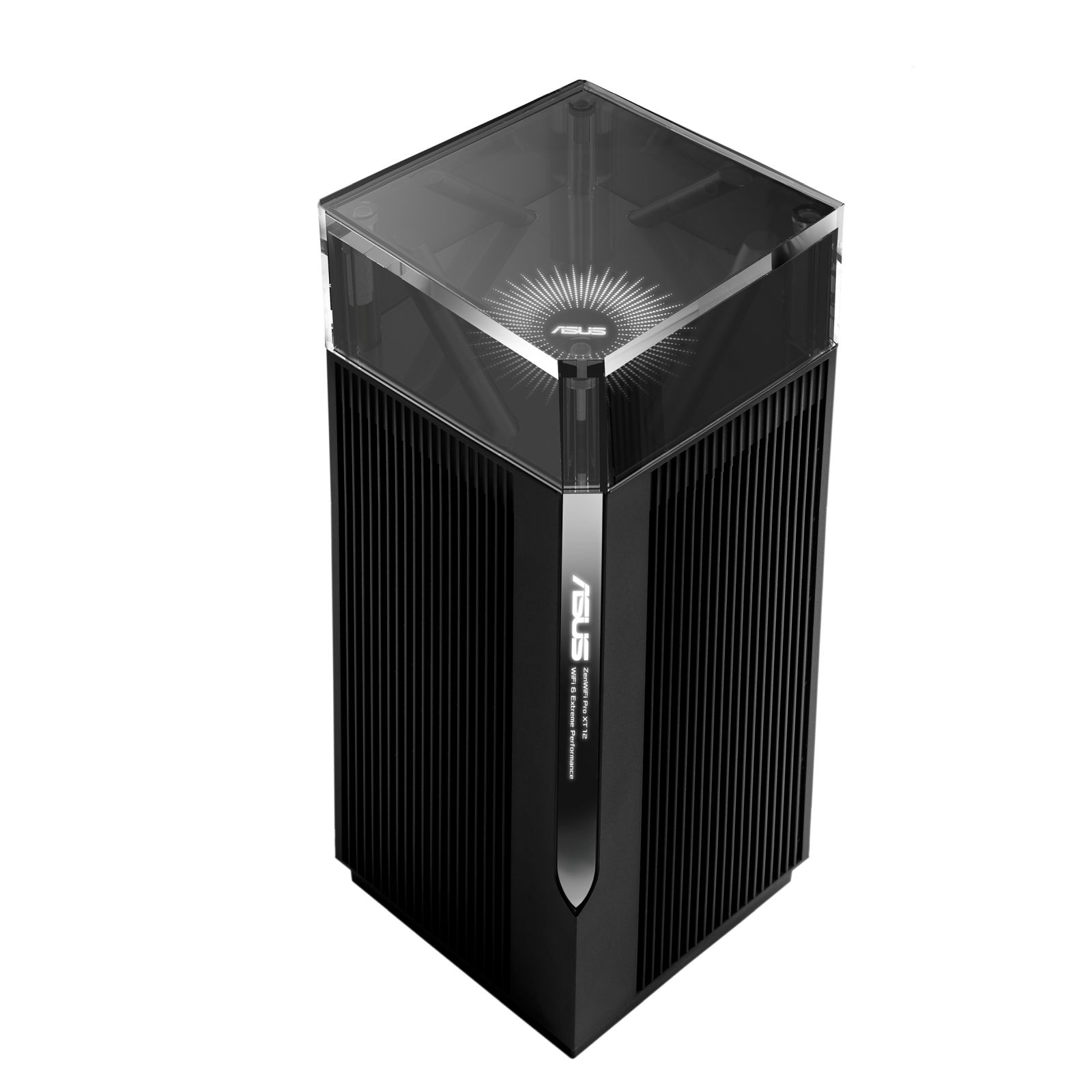 Ein schwarzer ASUS WiFi-Router mit transparentem Deckel, von oben auf weißem Untergrund stehend.