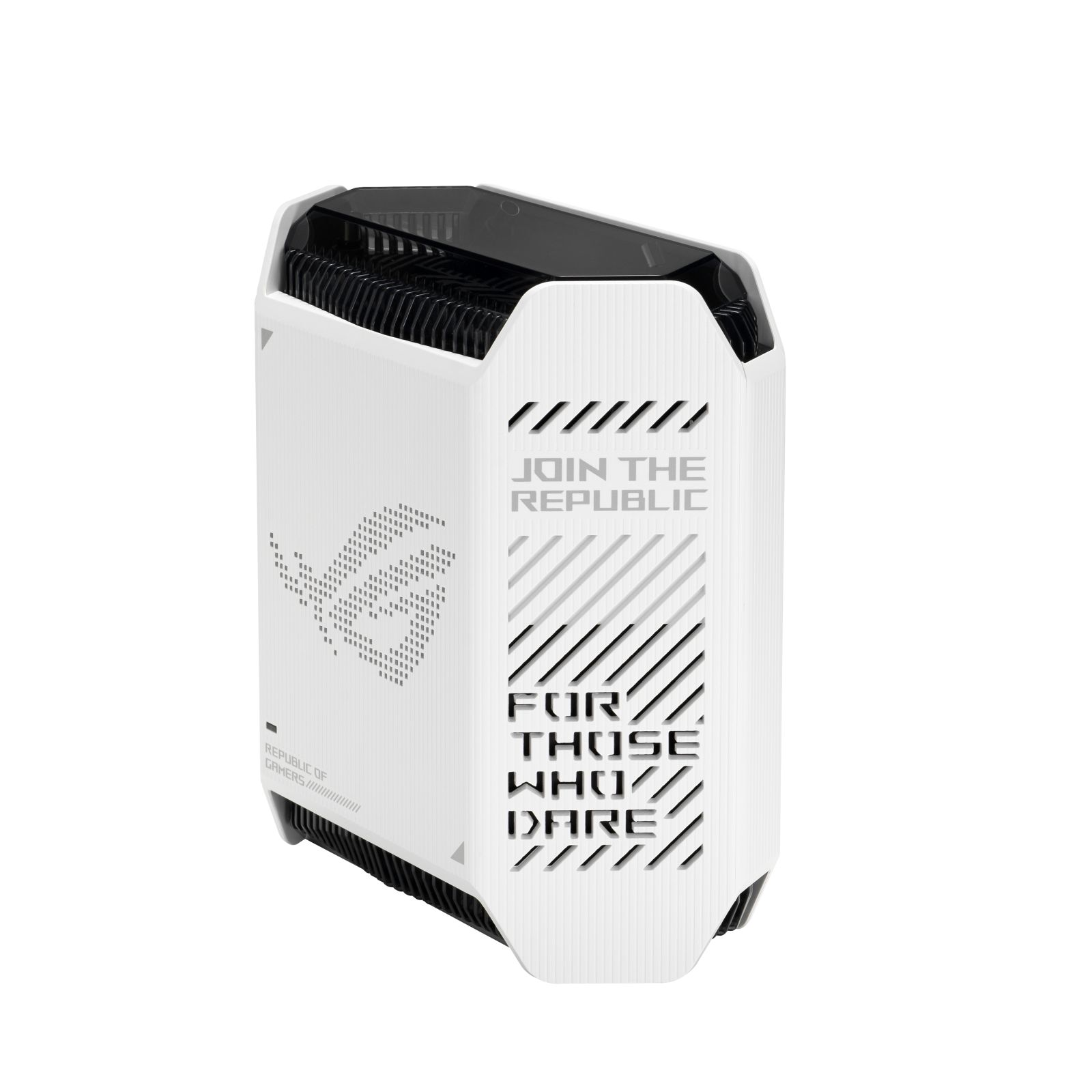 Ein weißes Computergehäuse mit dem Text "Join the Republic" und "For Those Who Dare" auf der Vorderseite.