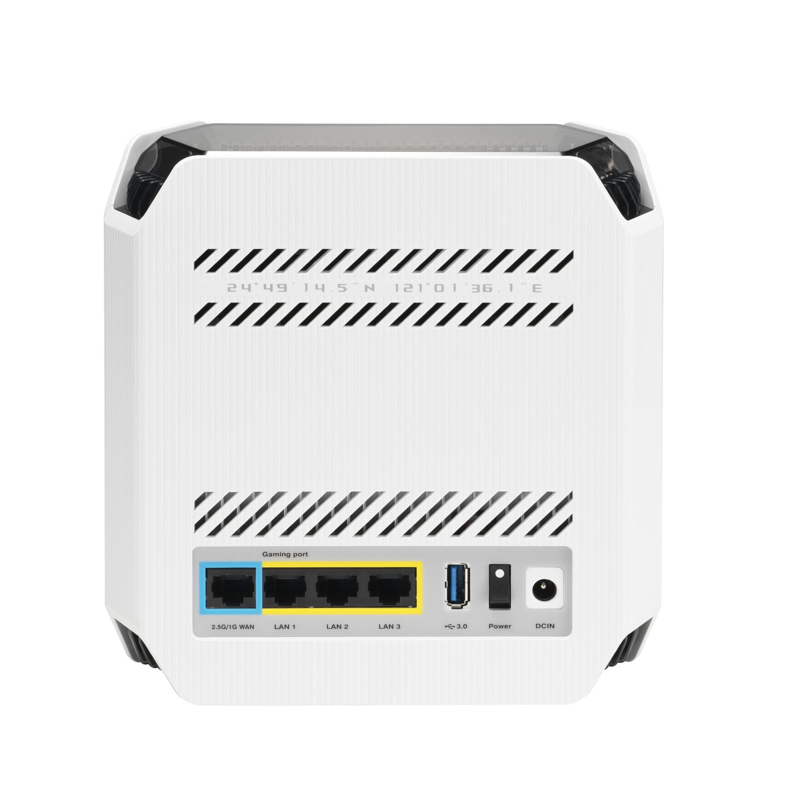 Die Rückseite eines weißen Routers mit Anschlüssen, einem USB-Anschluss und einem Stromanschluss.