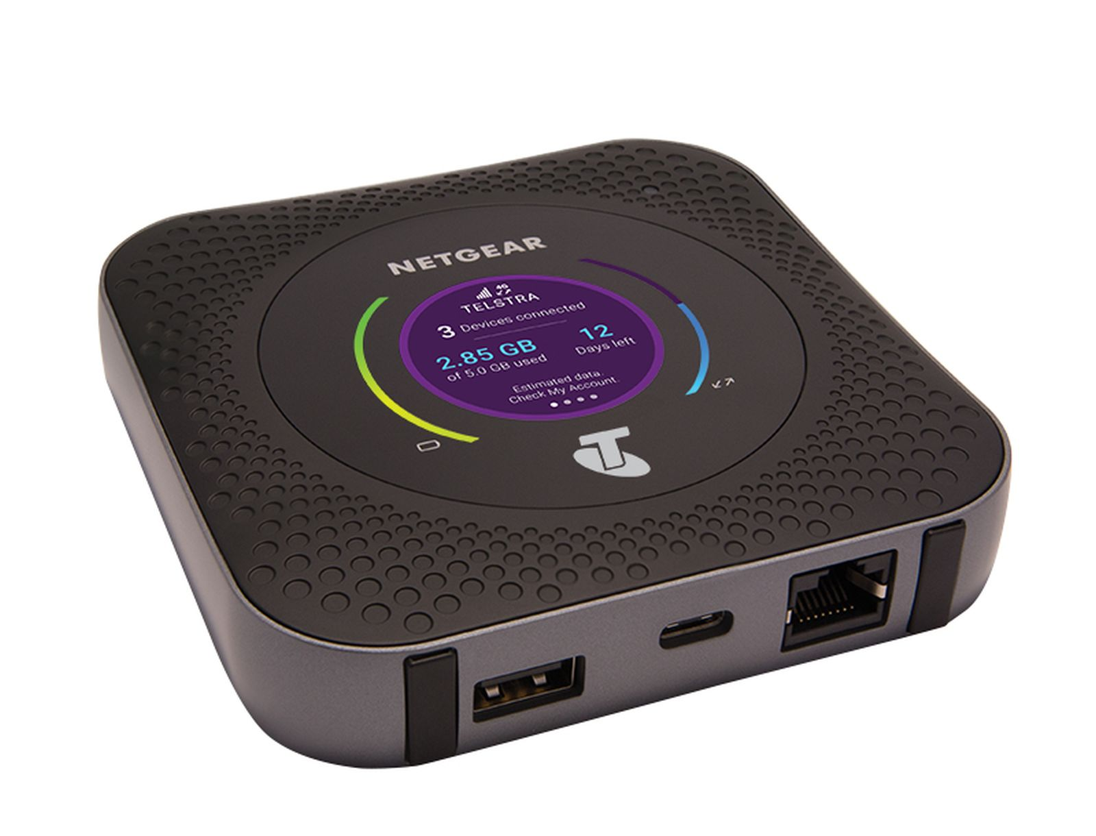 Schwarzer und grauer mobiler Netgear-Hotspot mit Bildschirm, der die Datennutzung anzeigt.
