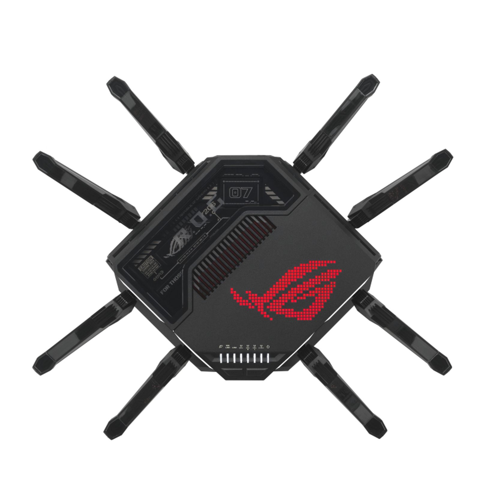 Czarny i czerwony router z antenami wychodzącymi na zewnątrz; widoczne czerwone logo ROG.