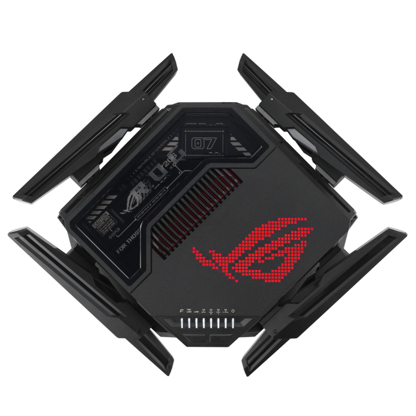 Czarny i czerwony router ROG z antenami i czerwonym logo na białym tle.