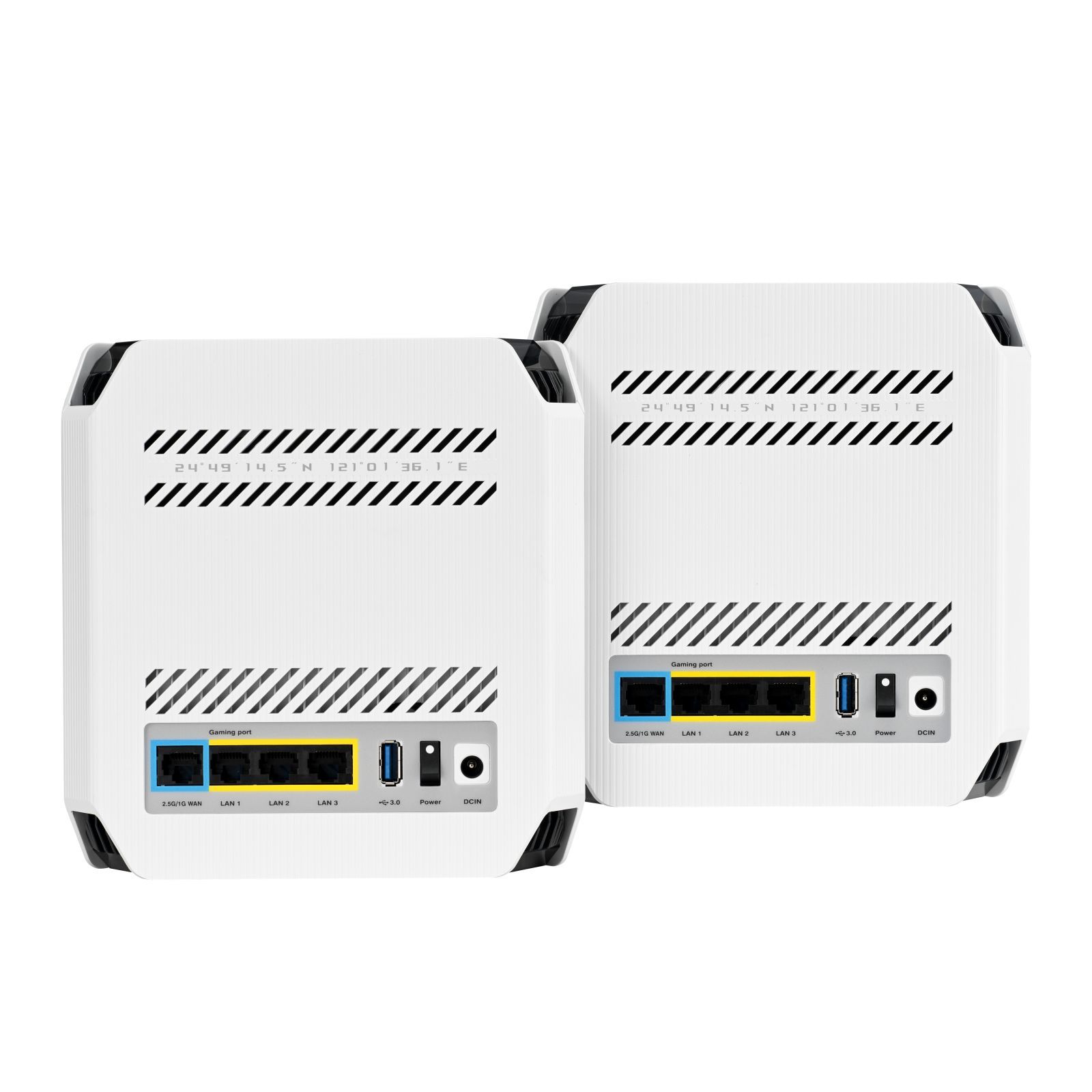 Dos routers blancos con diseño negro, mostrando puertos y etiquetas.