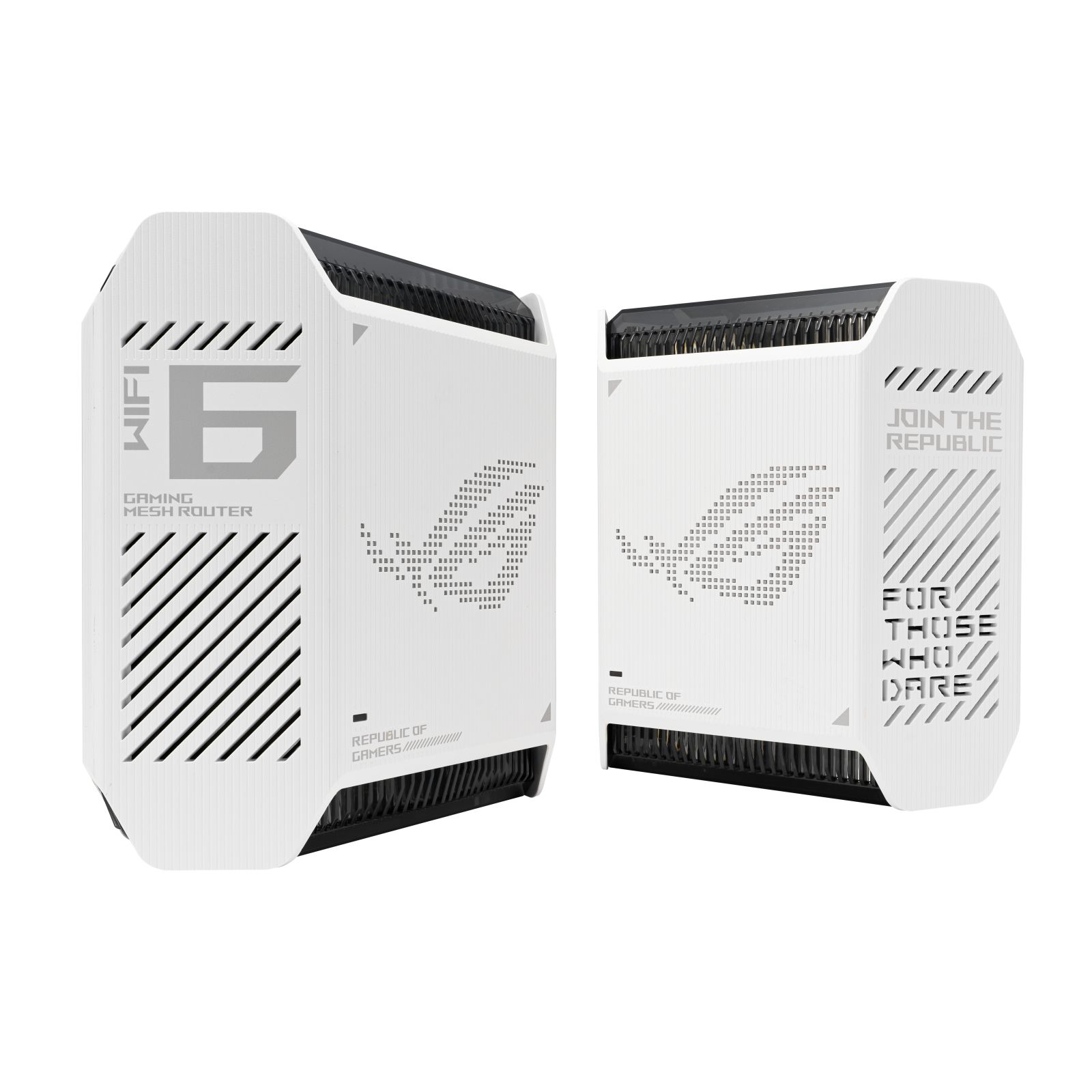 Dos enrutadores de malla para juegos blancos. La parte frontal del enrutador muestra el texto 'WIFI 6'.