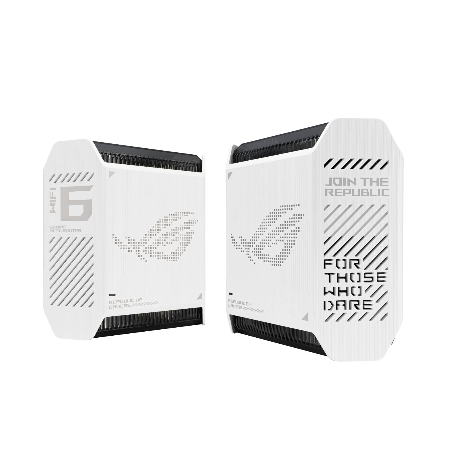 Dos routers blancos, texto 'JOIN THE REPUBLIC' y 'FOR THOSE WHO DARE' es visible.