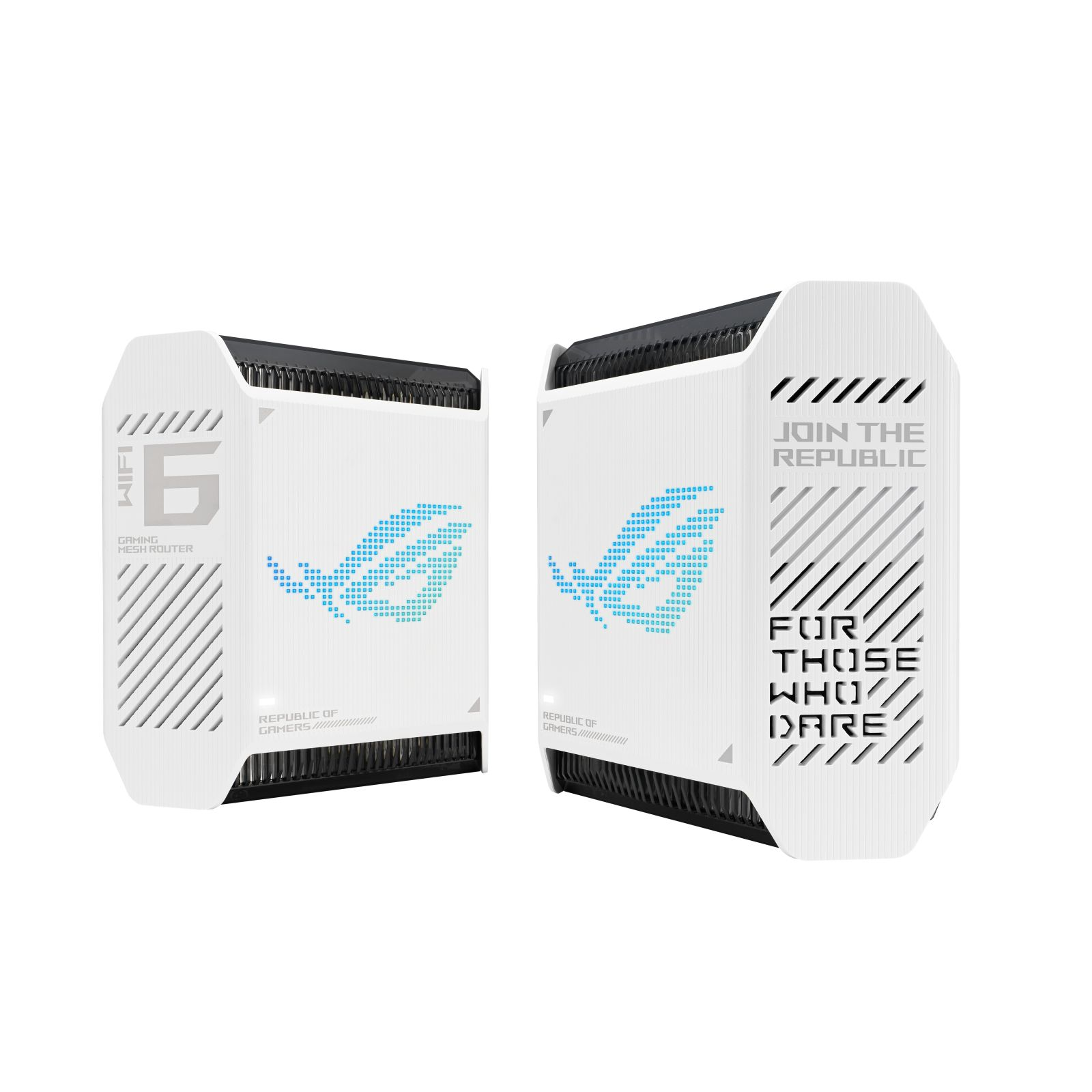 Enrutador de juegos WiFi blanco con texto, mostrado desde dos ángulos, sobre fondo blanco.