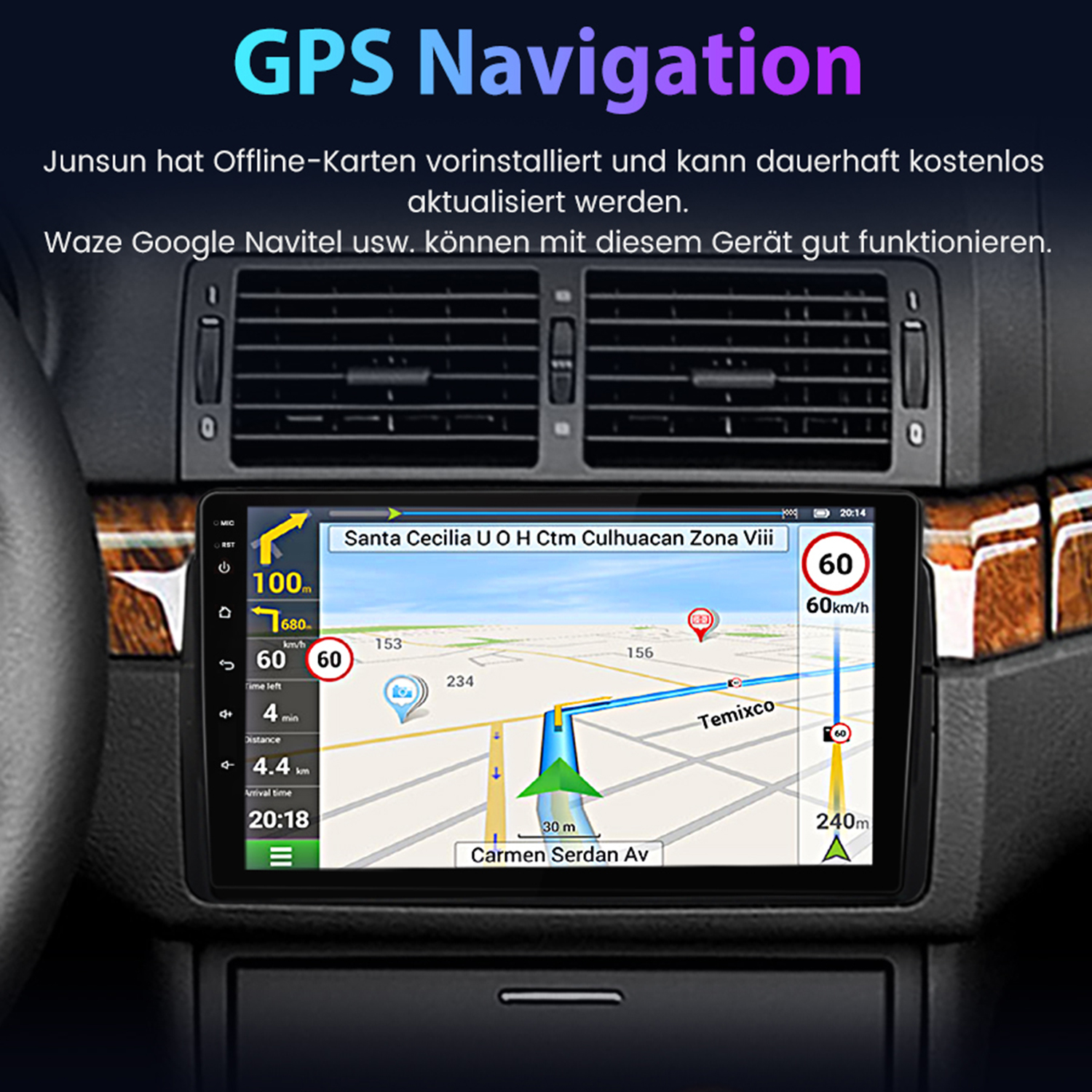 Auto-Navigationsbildschirm mit GPS-Karte. Zeigt Anweisungen und 60 km/h Geschwindigkeit.