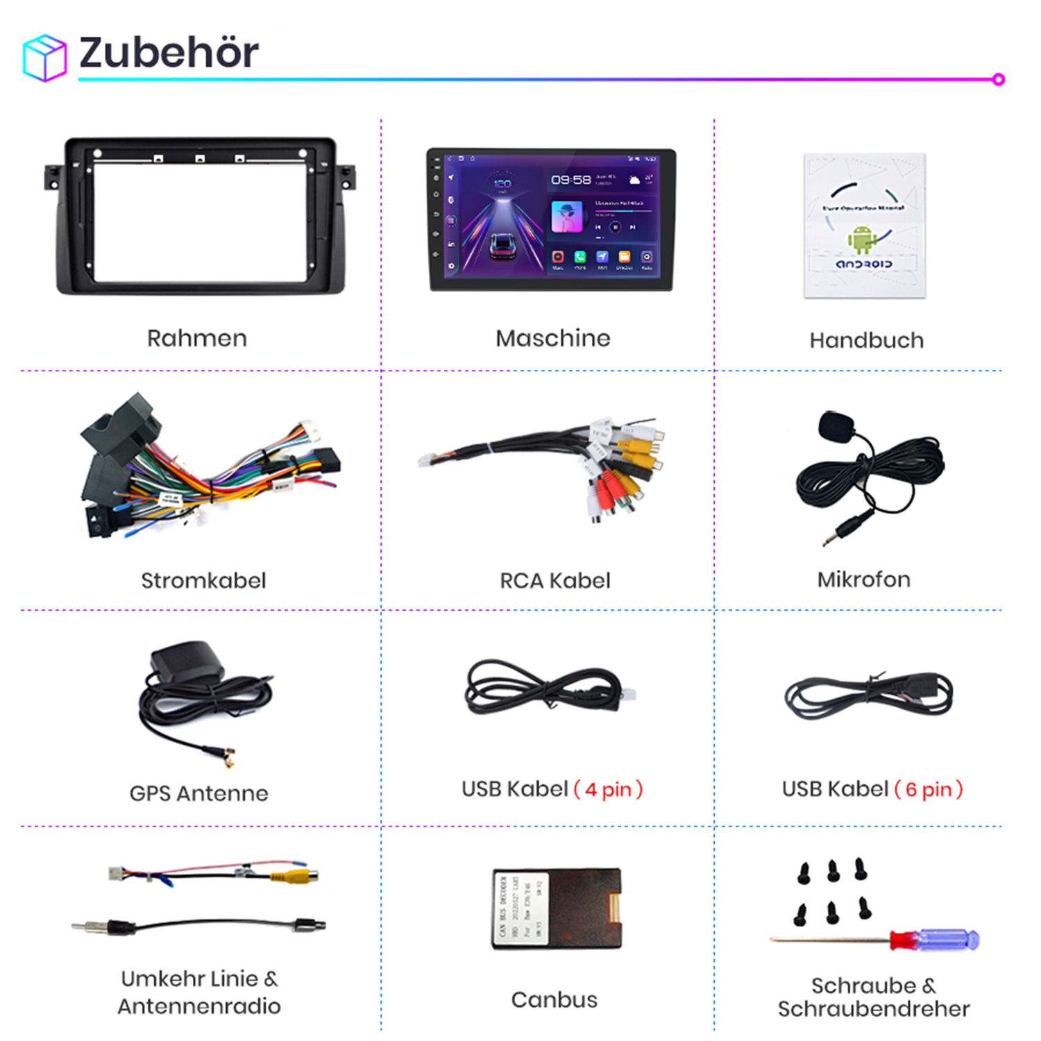 Sammlung von Autoradio-Zubehör. Rahmen, Maschine, Kabel und mehr werden angezeigt.