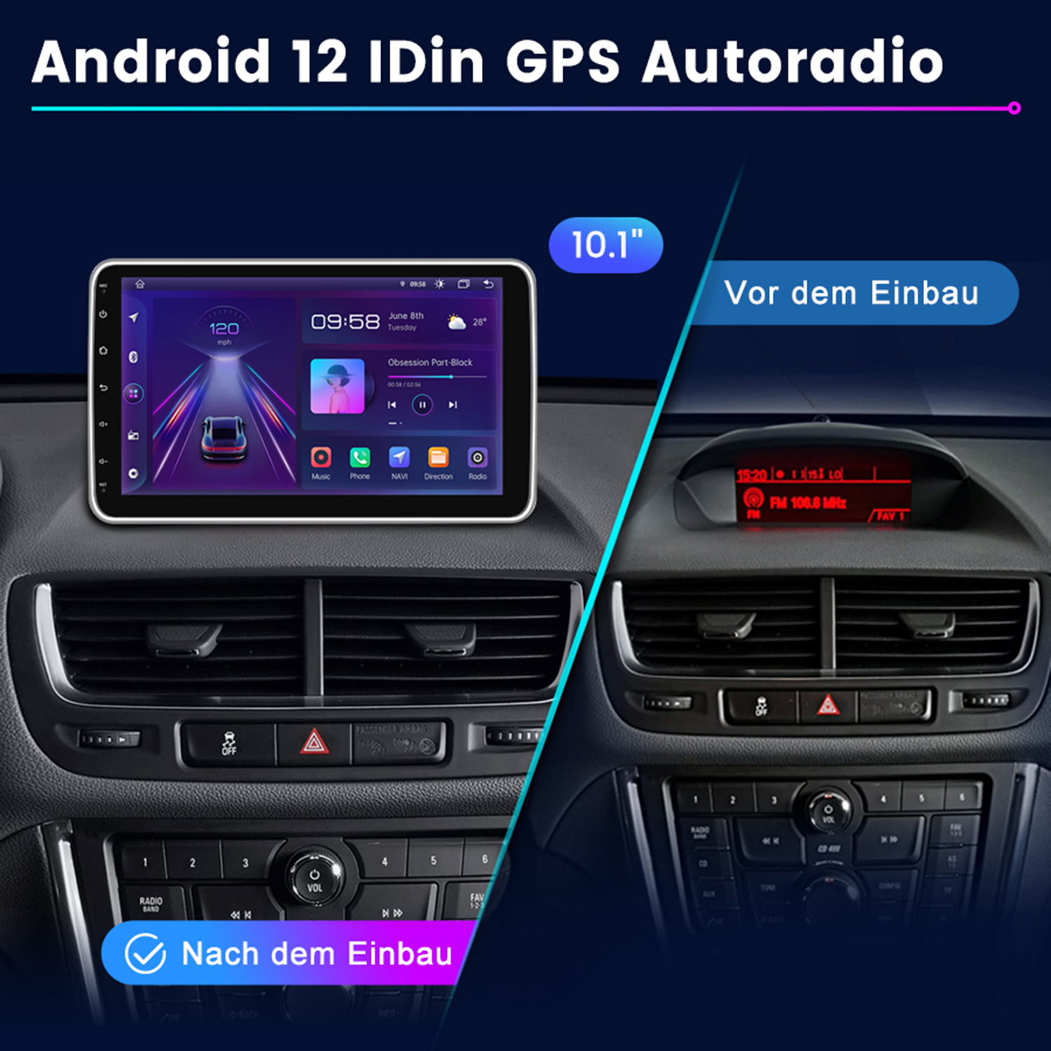 Das Armaturenbrett eines Autos mit installiertem neuem Android GPS-Radio neben dem alten Radio.