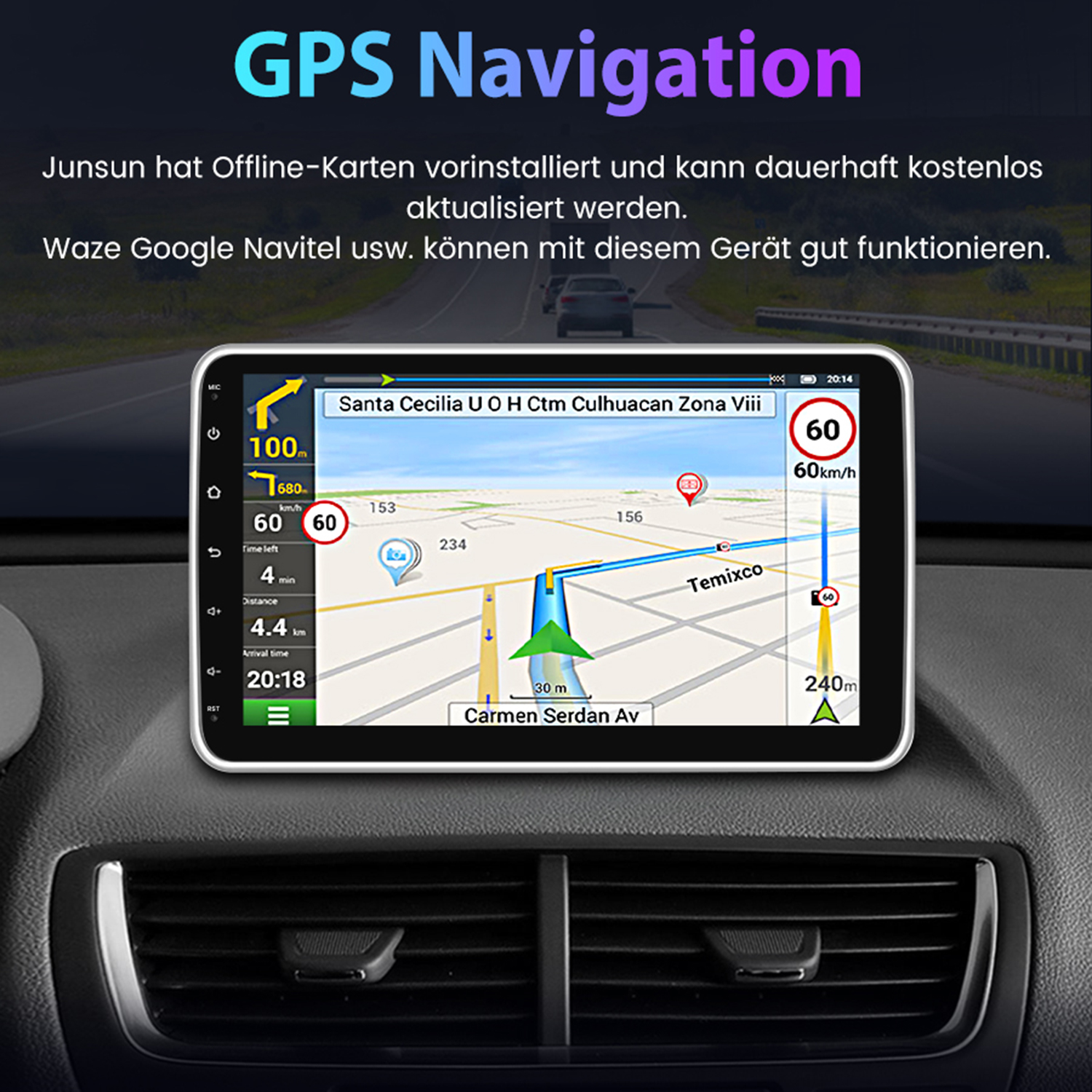 GPS-Navigationsbildschirm im Autoinneren, der eine Karte und Fahrinformationen zeigt.