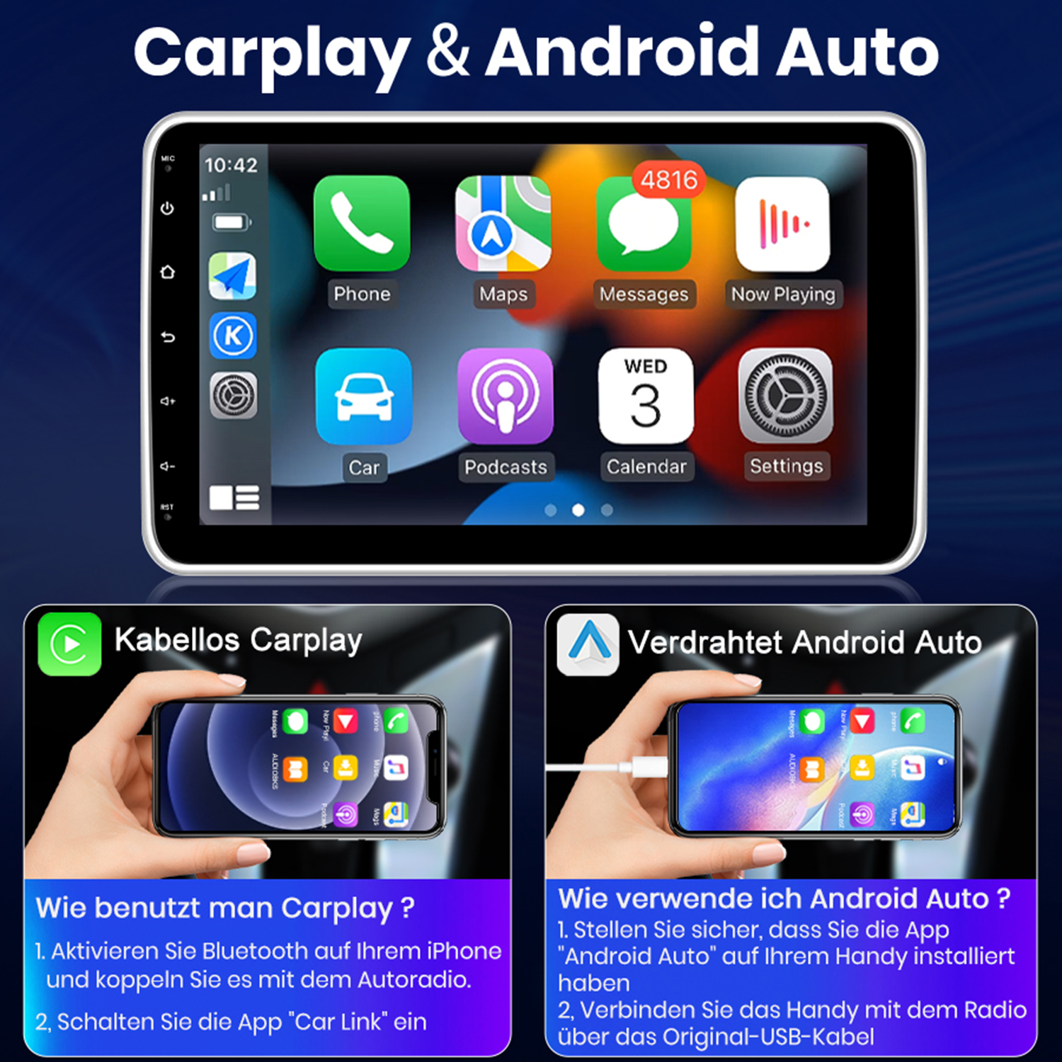 Auto-Infotainment-System mit App-Symbolen. Zeigt CarPlay- und Android Auto-Oberflächen.