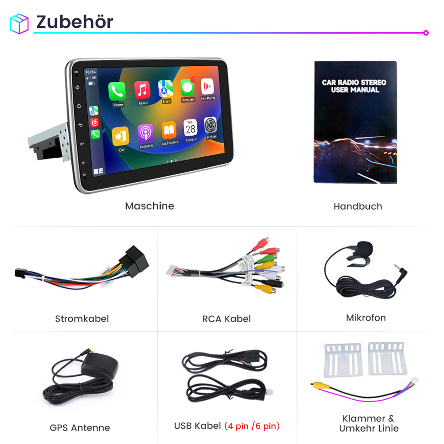 Zubehör für Autoradio, inkl. Kabel und Handbuch.