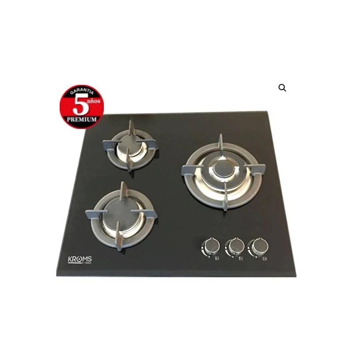 Una placa de cocina de gas de vidrio negro con cuatro quemadores y perillas de control. La palabra 'KROMS' es visible.