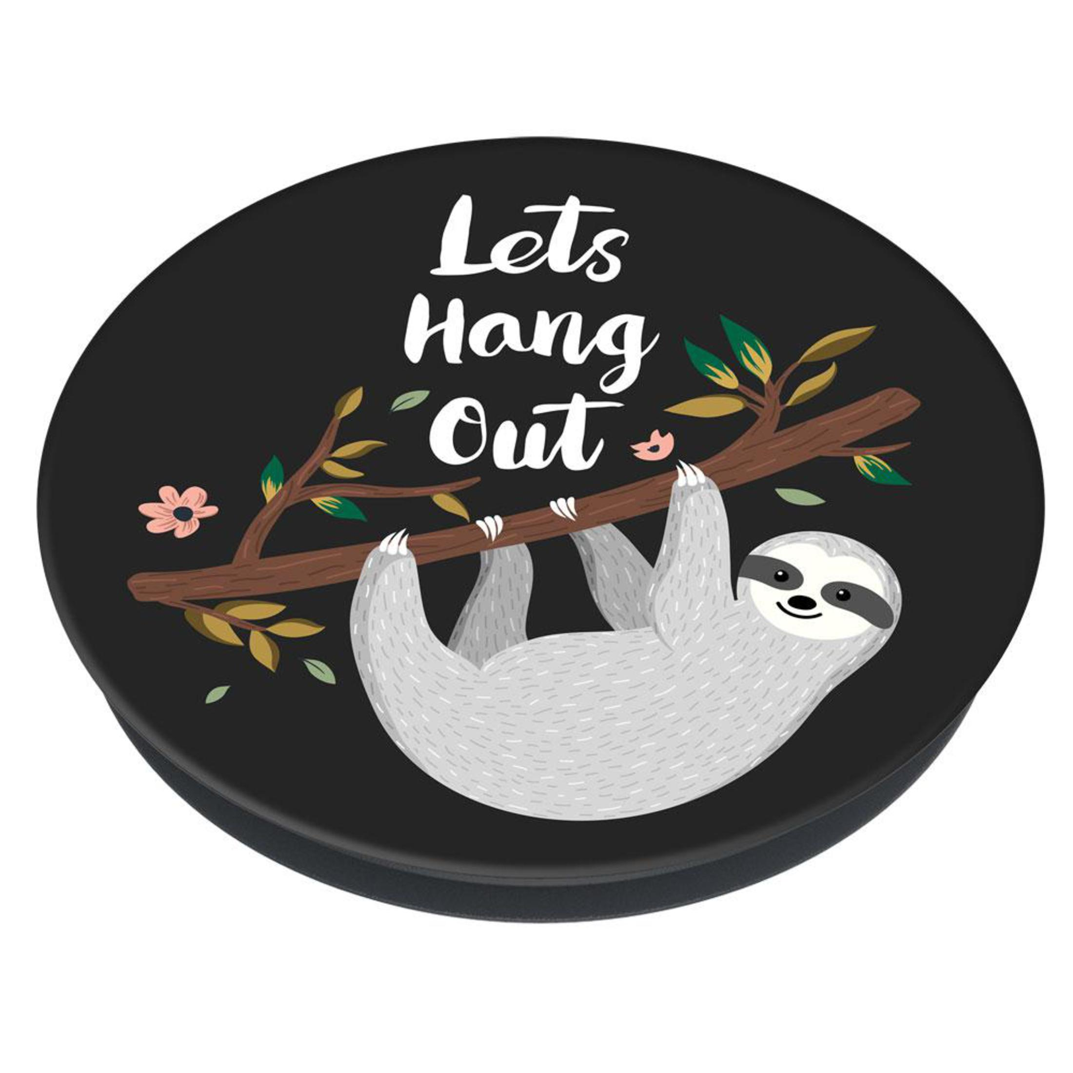 Faultier hängt an einem Ast auf einem schwarzen Kreis. Text sagt 'Lets Hang Out'. Rosa Blume und grüne Blätter sichtbar.