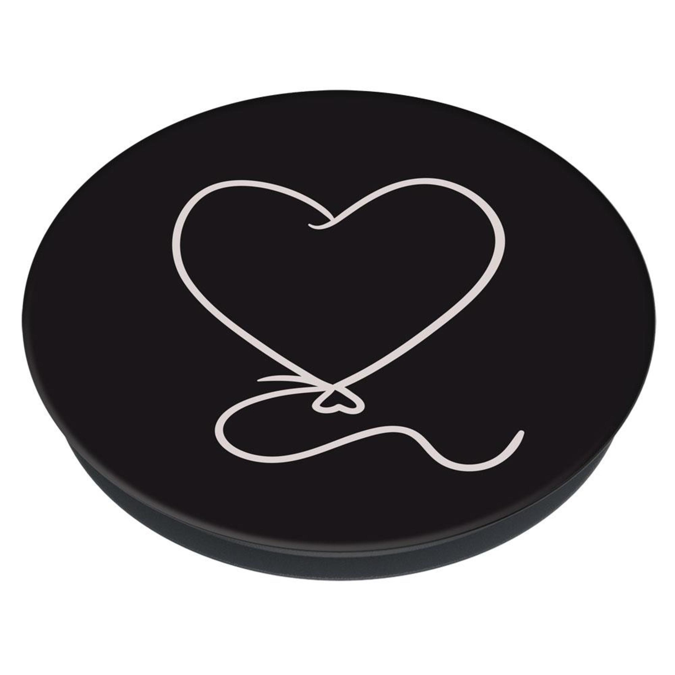 Schwarzer runder PopSocket mit weißem Herzdesign auf schwarzem Hintergrund.