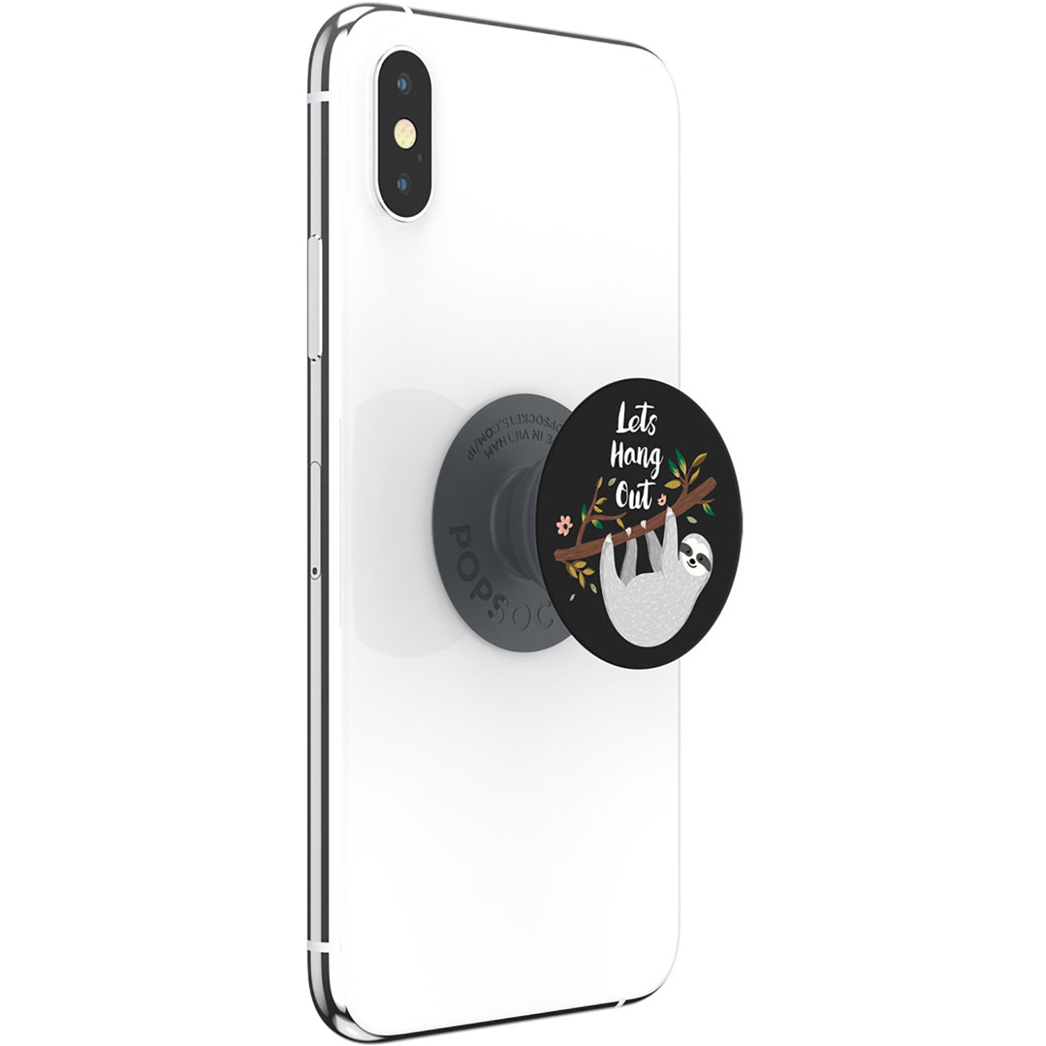 Weißes Telefon mit einem Popsocket. Faultier-Design auf dem Popsocket. Weißer Hintergrund.